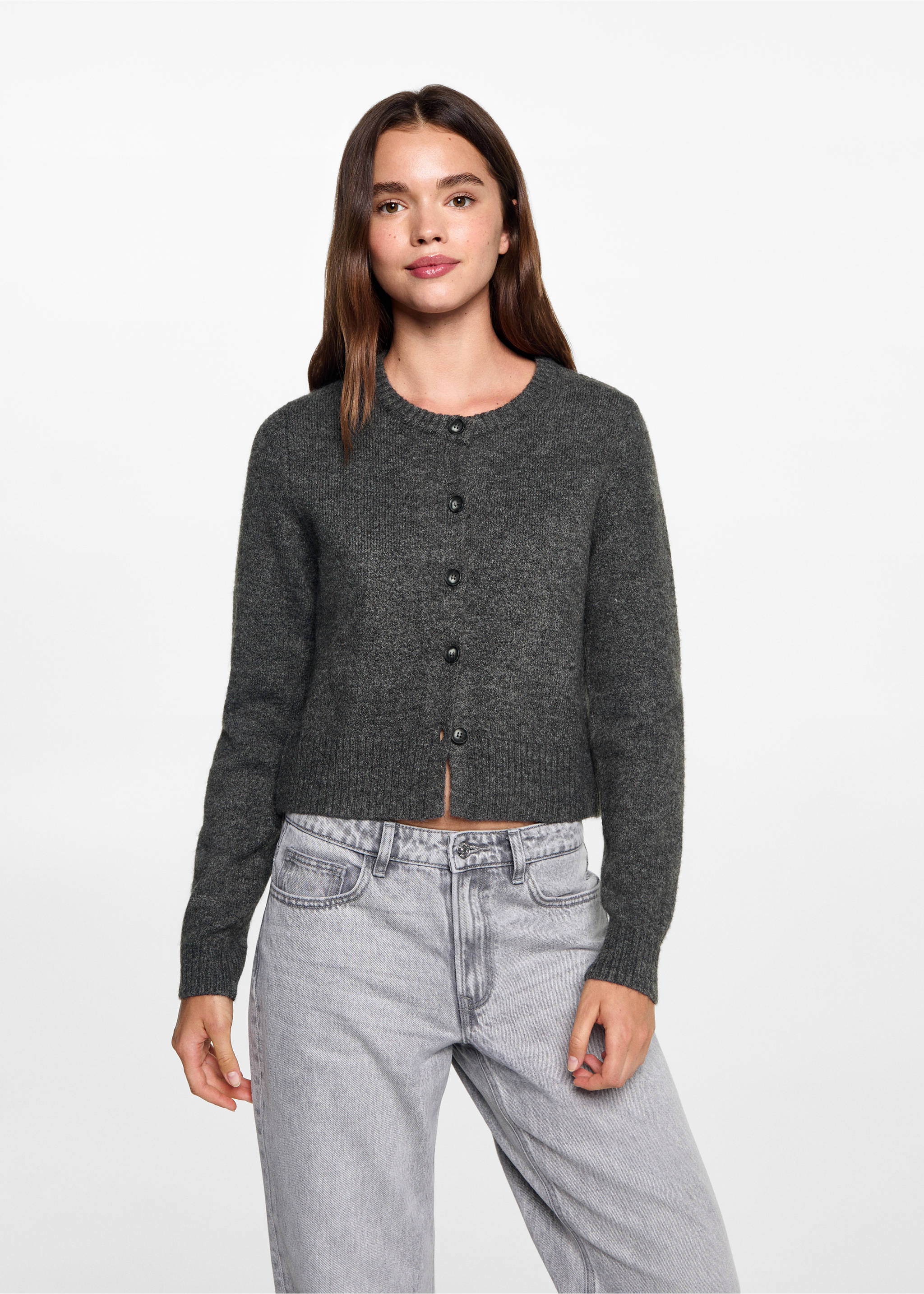 Cardigan maille boutons - Plan moyen, Gris. Ref: 77055984-00.