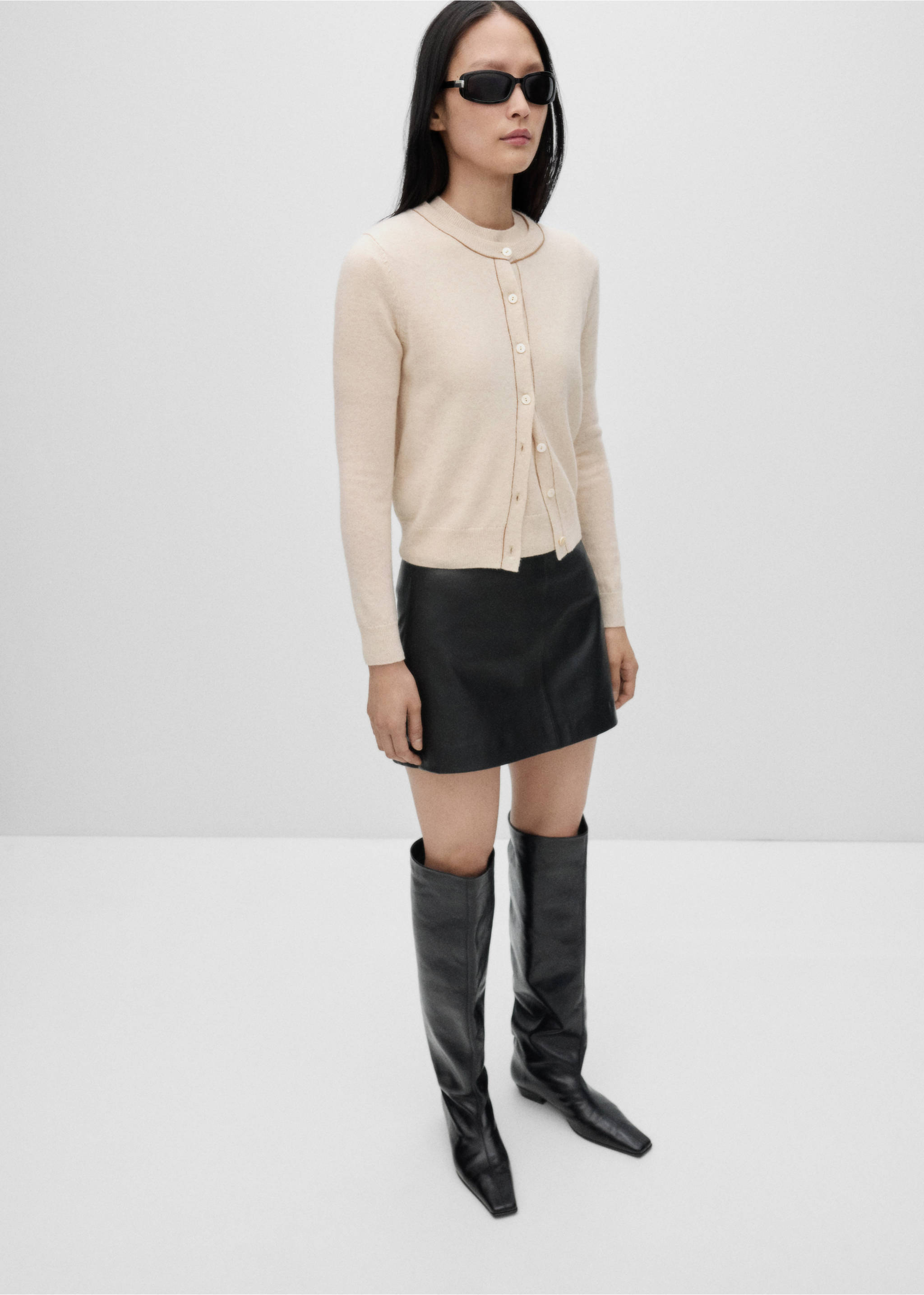 Wool cardigan with decorative stitching - General plane, Beige. Ref: 77056743-00.