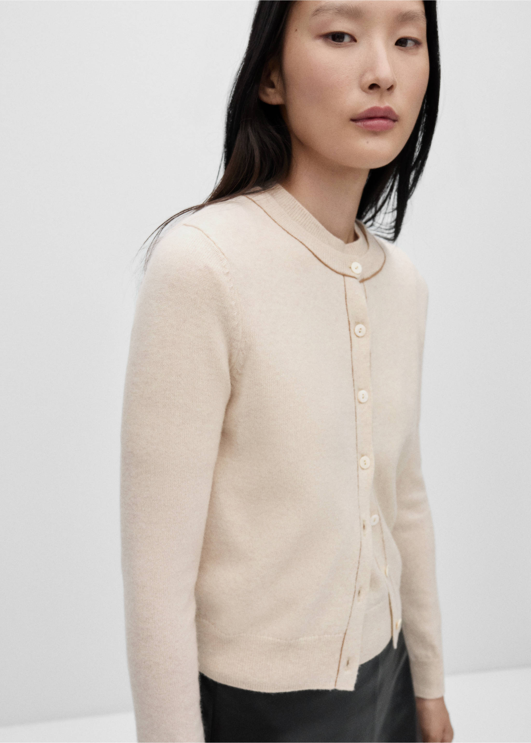 Wool cardigan with decorative stitching - Medium plane, Beige. Ref: 77056743-00.