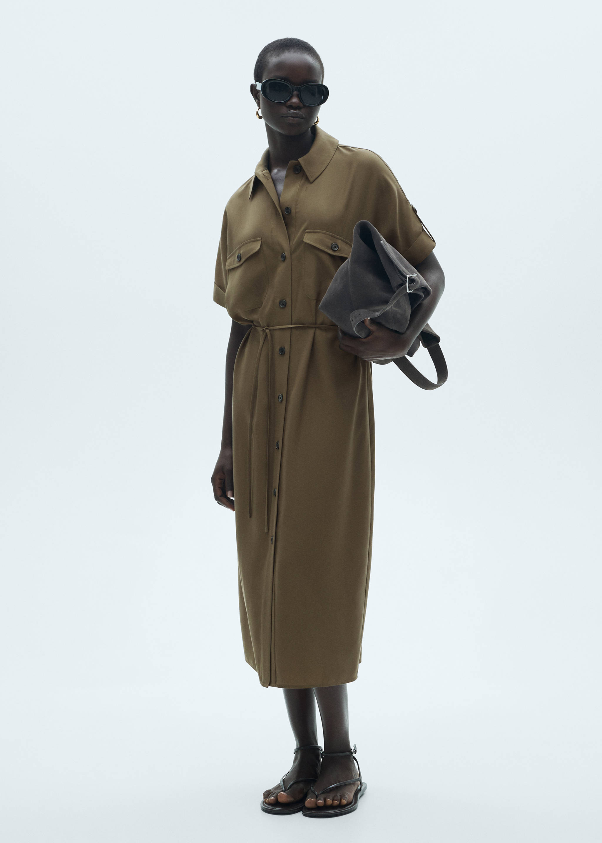 Hemdblusenkleid aus Lyocell mit Schleife - Allgemeine Ansicht