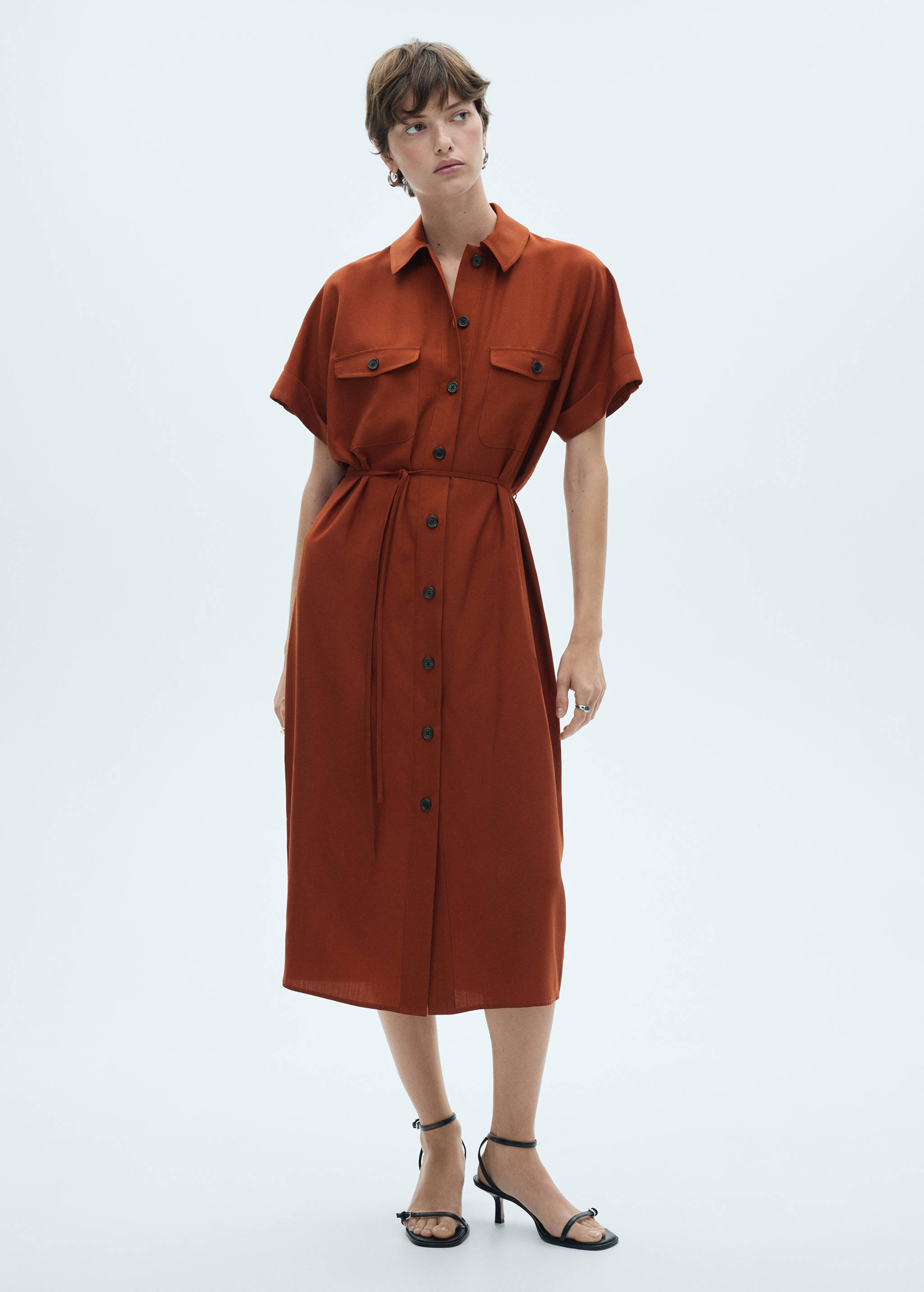 Hemdblusenkleid aus Lyocell mit Schleife - Allgemeine Ansicht