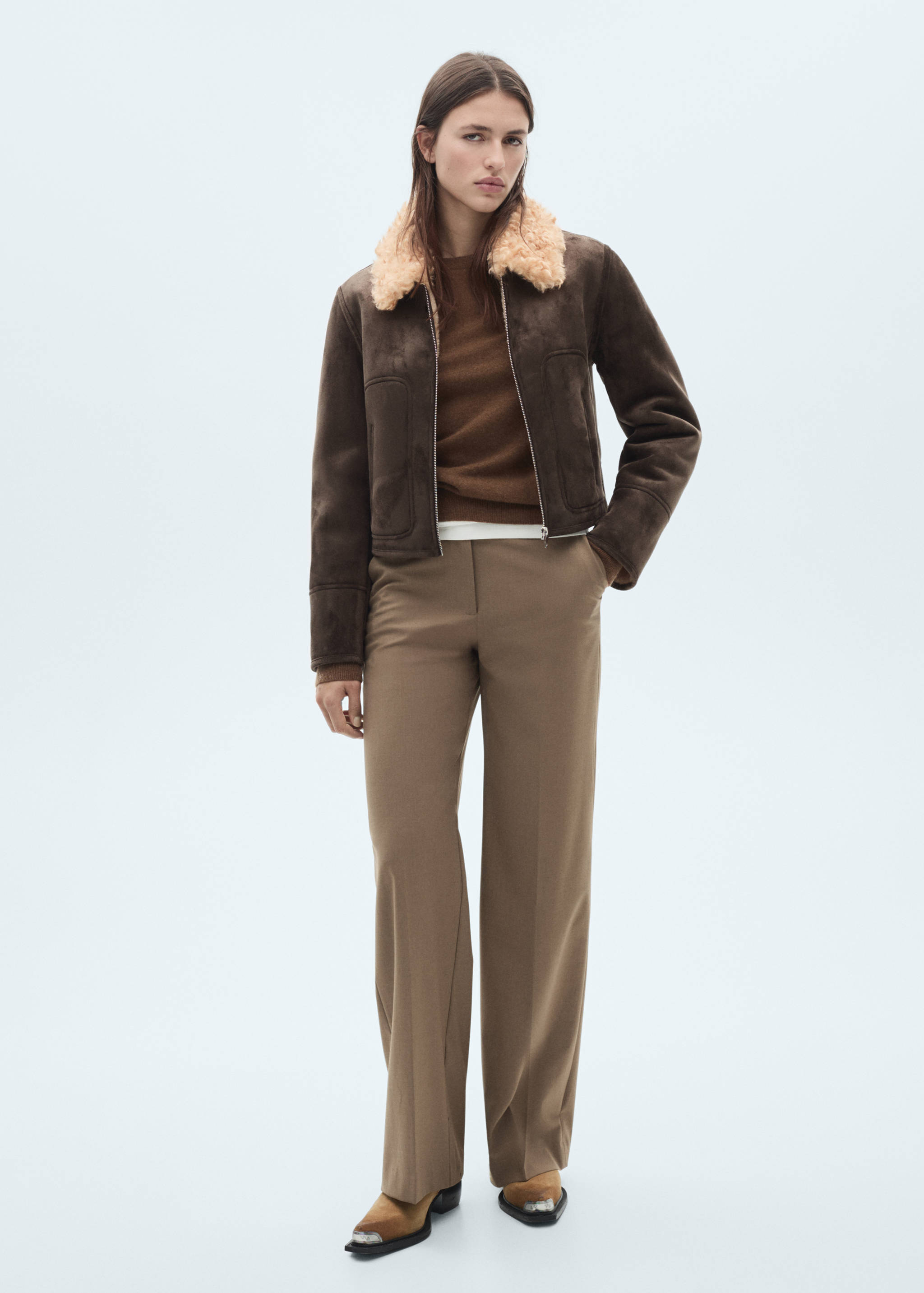 Jacke mit Wildleder-Effekt und Shearling-Kragen - Allgemeine Ansicht