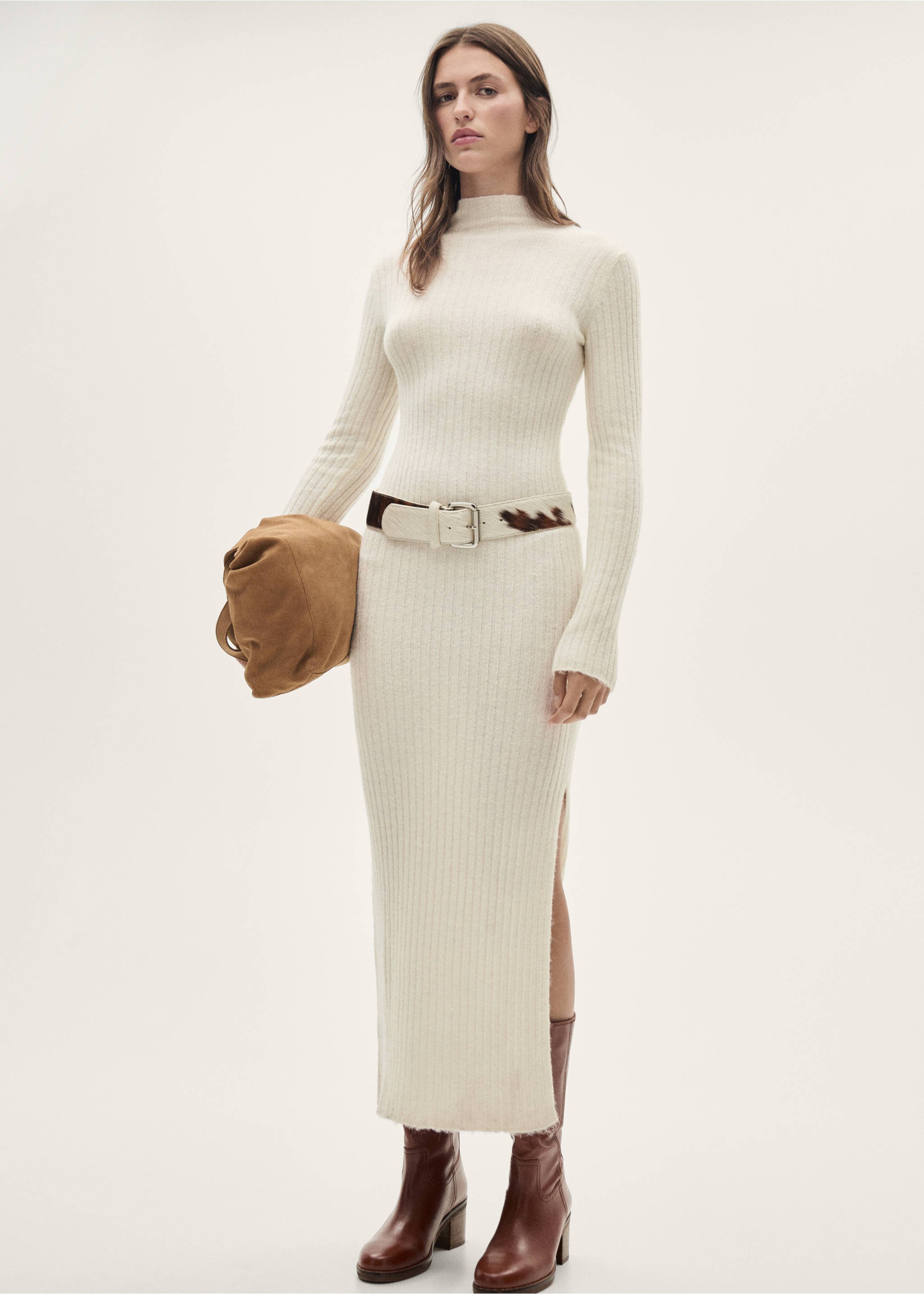 Ribbed knit dress with opening - General plane, Ecru. Ref: 77057699-00.