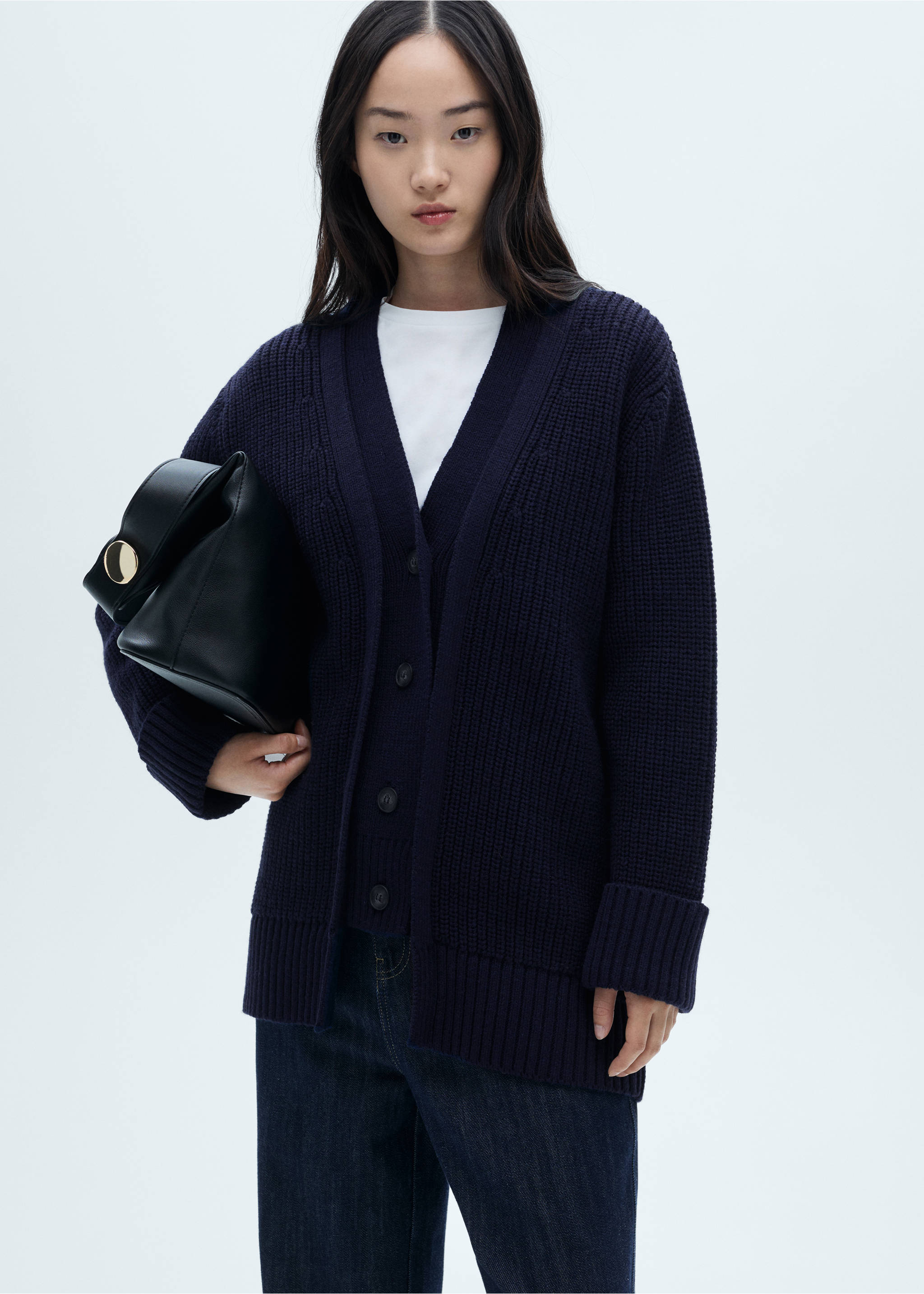 Oversized cardigan with buttons - Medium plane, Dark Navy. Ref: 77057713-00.