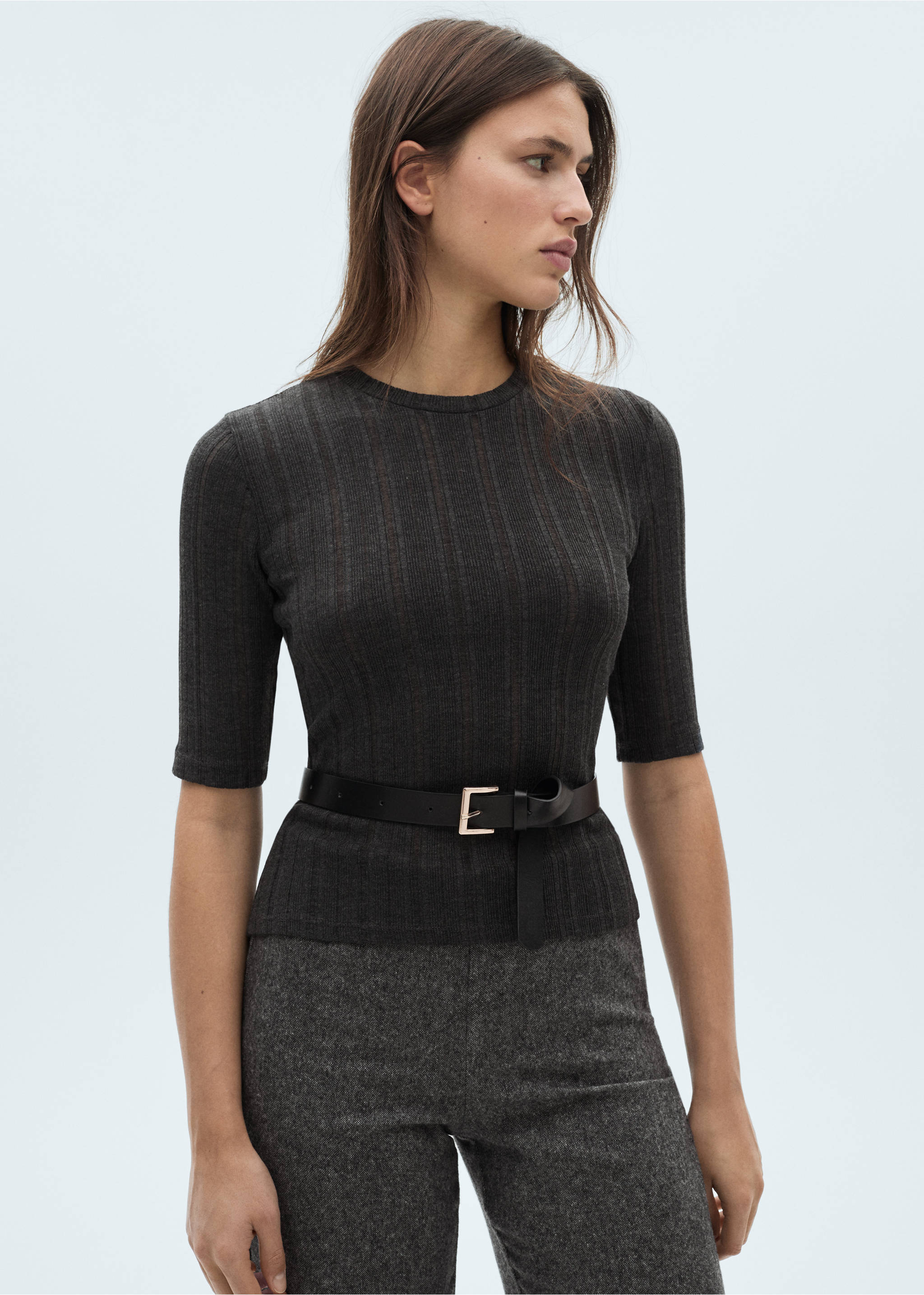 Kurzärmliges Strick-T-Shirt - Mittlere Ansicht, Grau. Ref: 77057716-00.