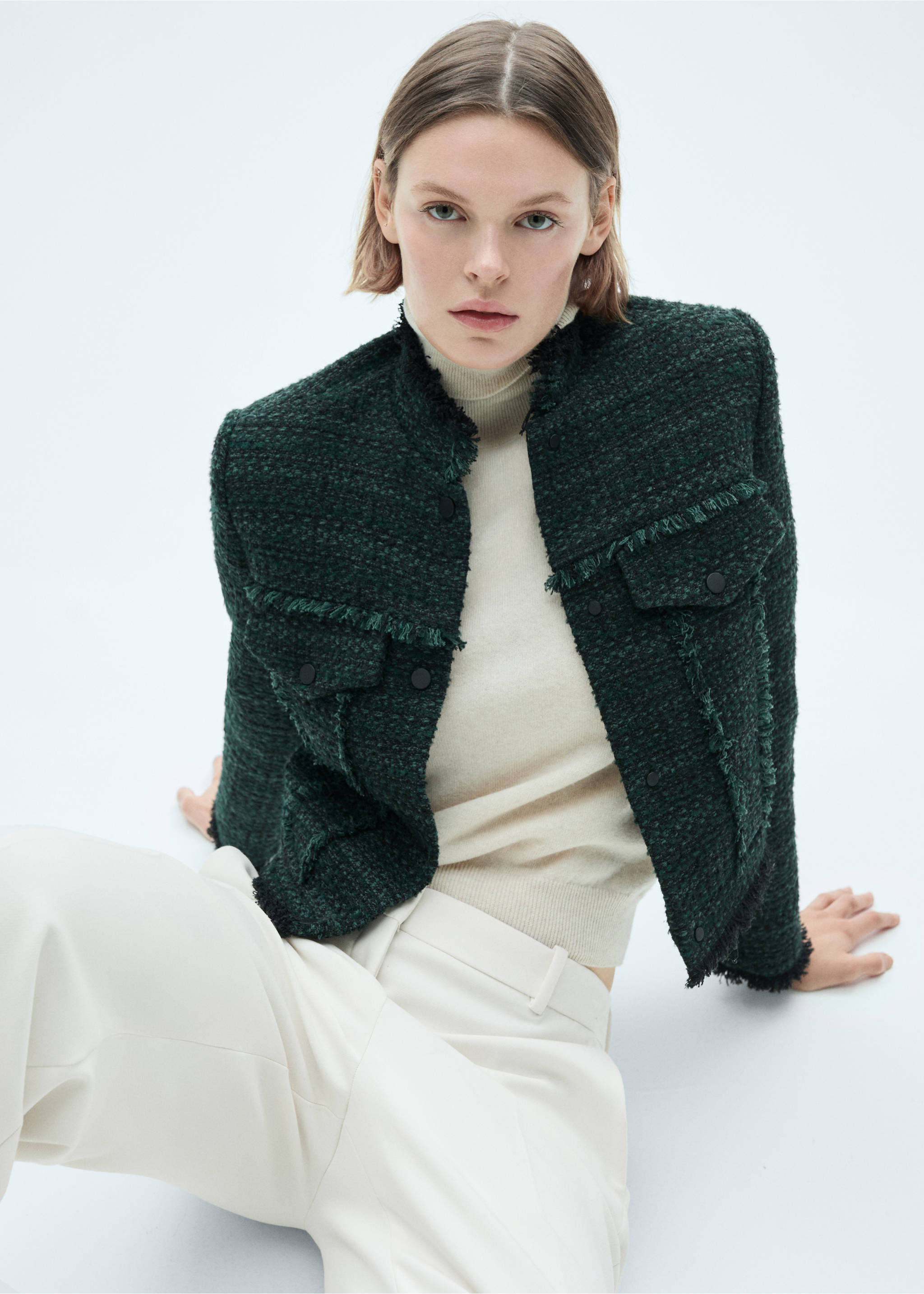 High-collar tweed jacket - Medium plane, Dark Green. Ref: 77057720-00.