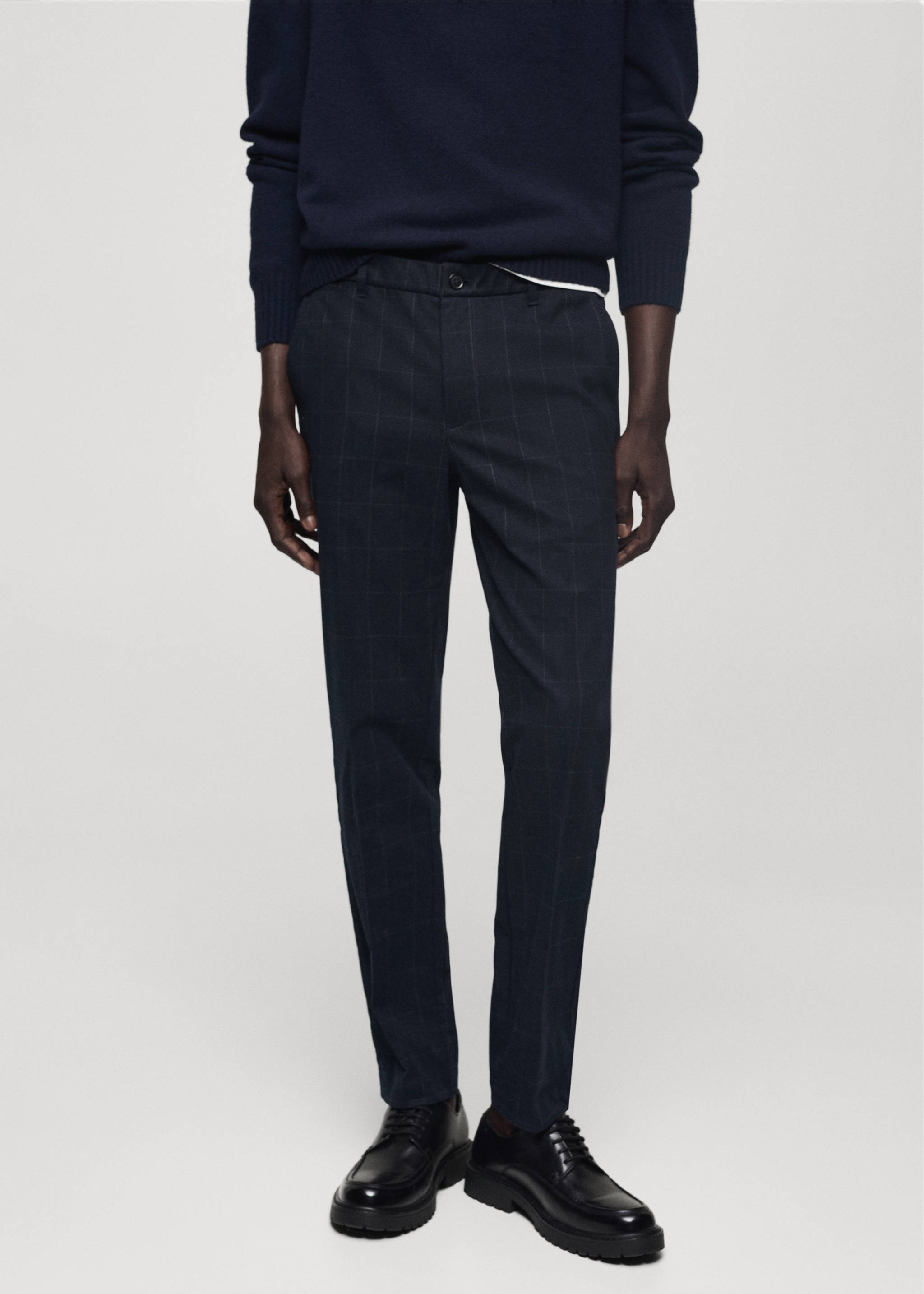 Slim fit checked cotton trousers - Medium plane, Dark Navy. Ref: 77057915-00.