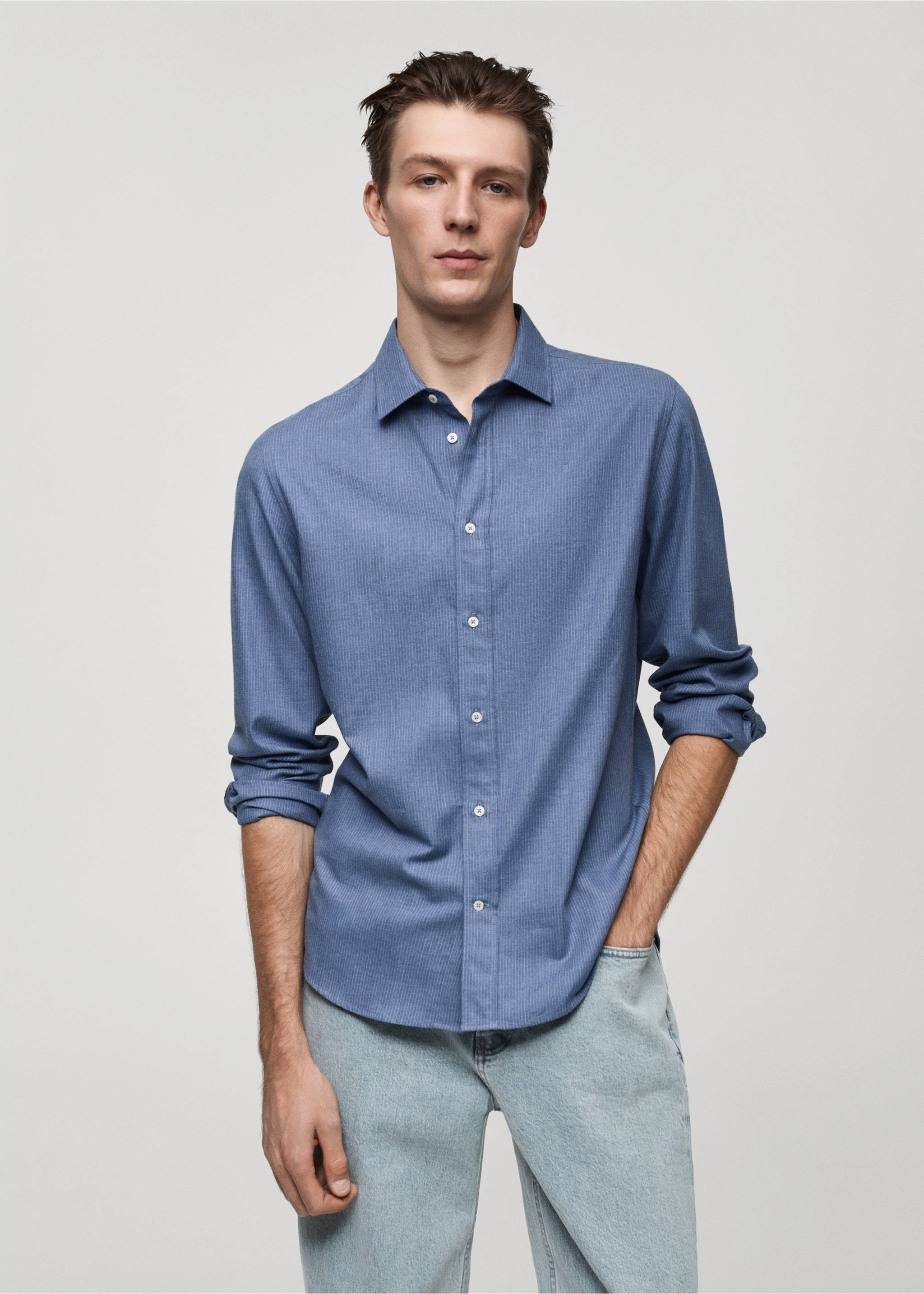 100% cotton flannel multi-stripe slim-fit shirt - Medium plane, Blue. Ref: 77057924-00.