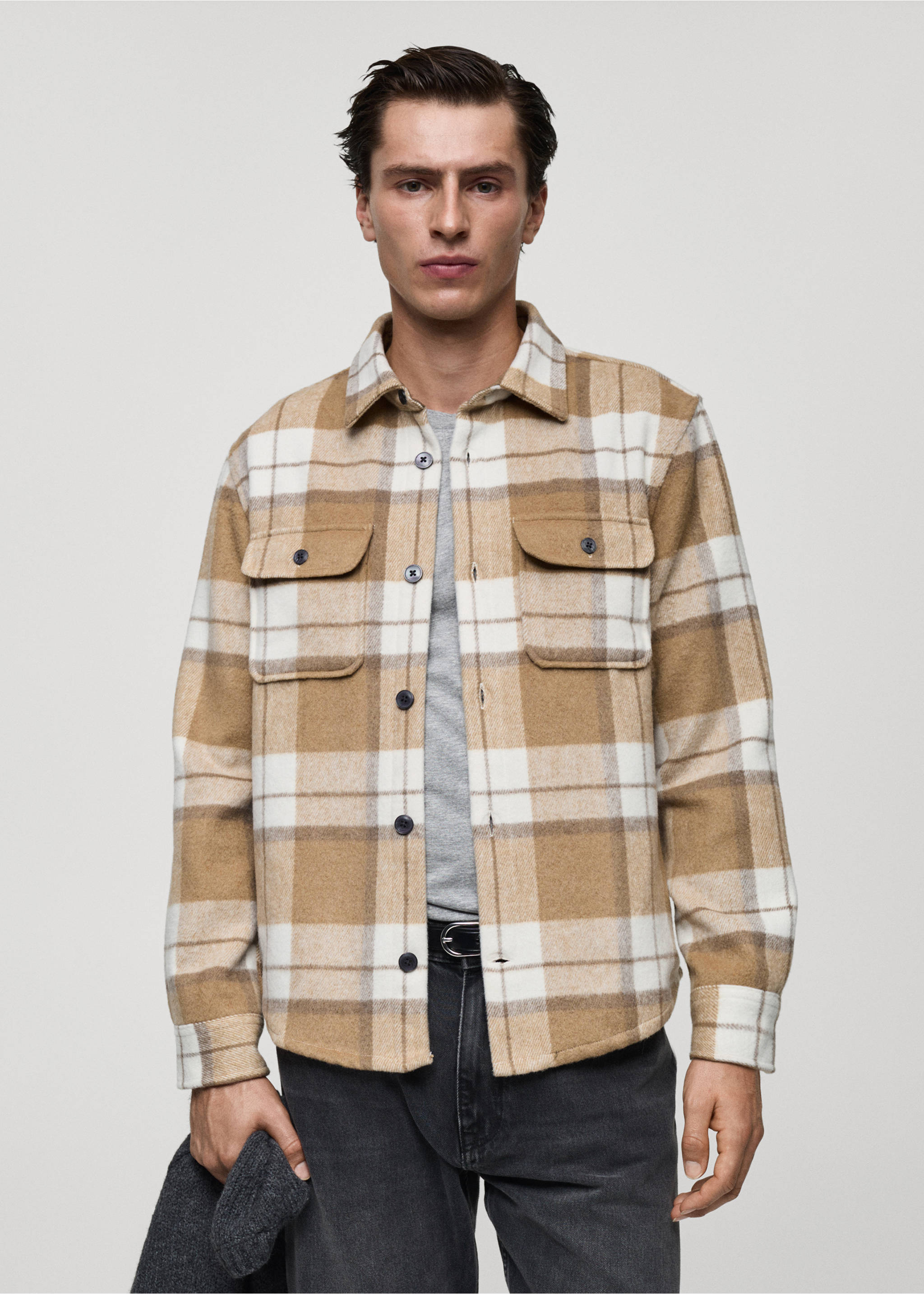 Check flannel overshirt - Medium plane, Beige. Ref: 77057925-00.