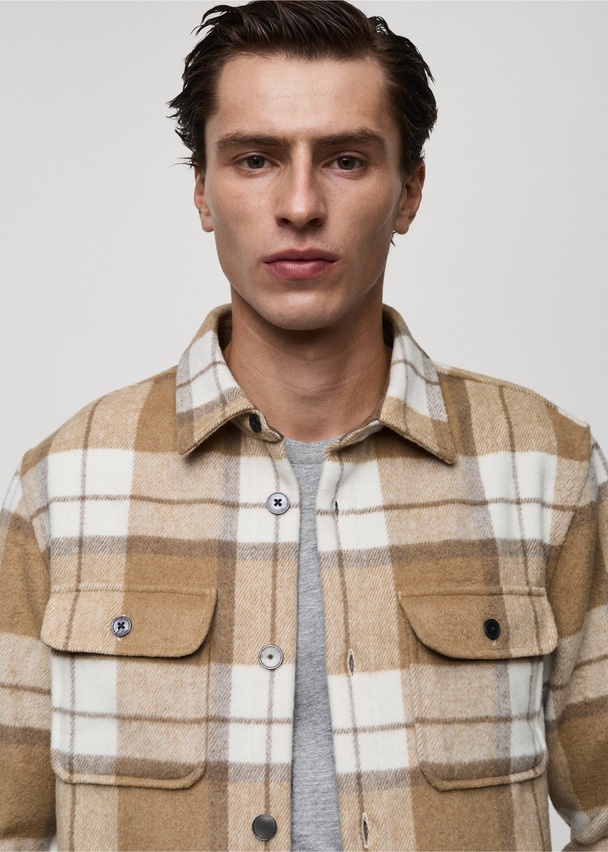 Check flannel overshirt - Details of the article 1, Beige. Ref: 77057925-00.