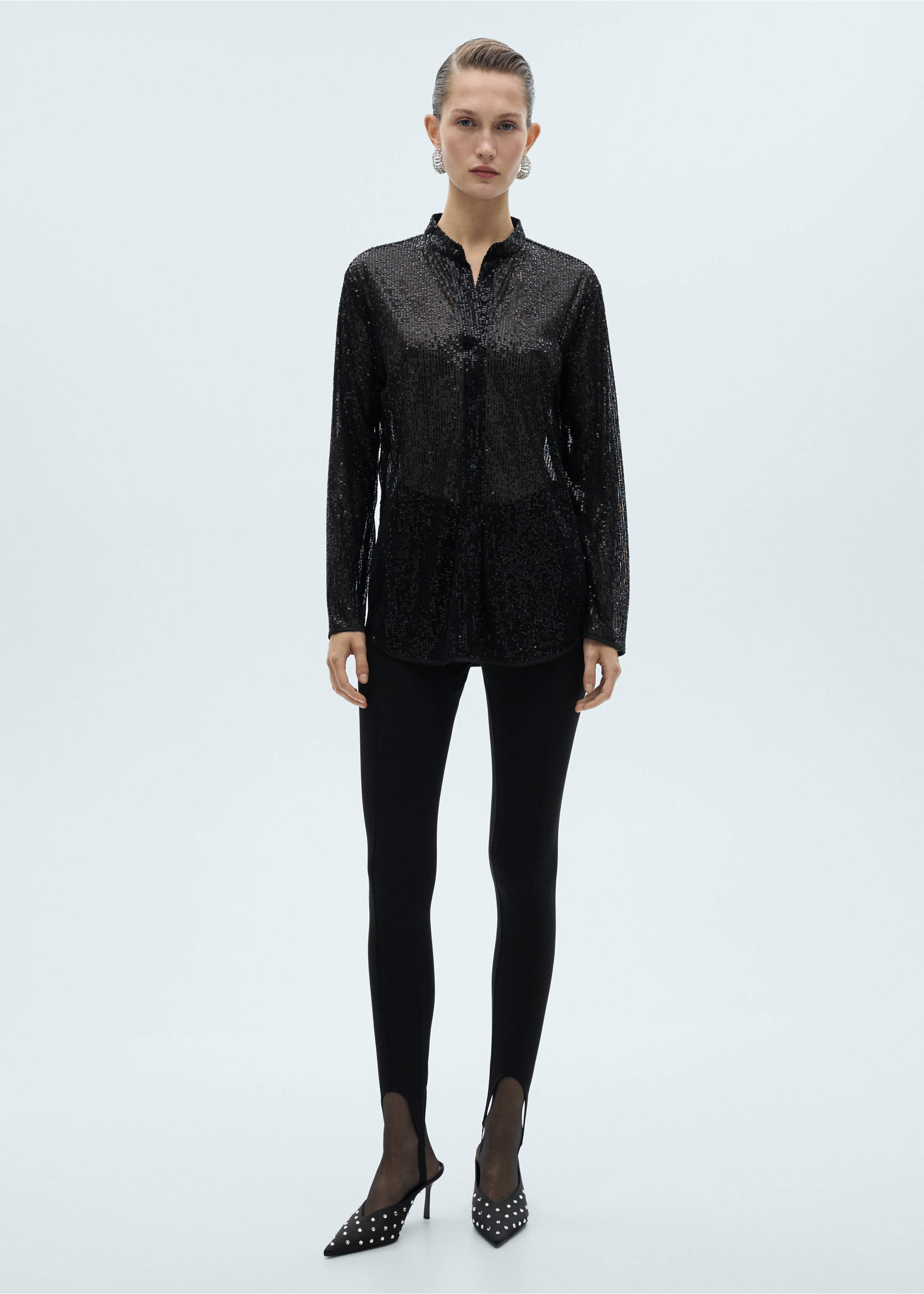 Semi-transparent sequined shirt - Plan général, Noir. Ref: 77059067-00.