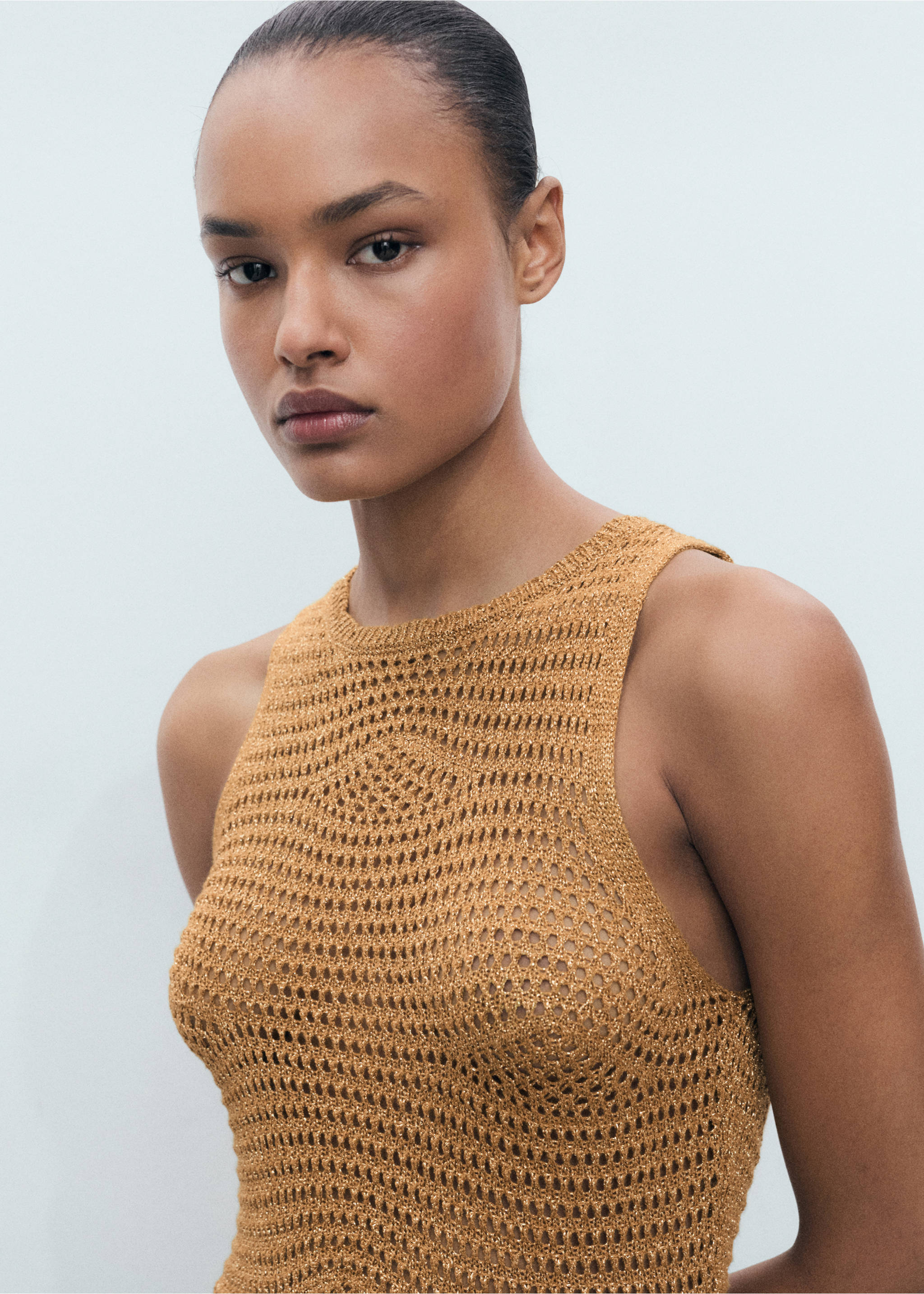 Long lurex crochet dress - Details of the article 1, Gold. Ref: 77060341-00.