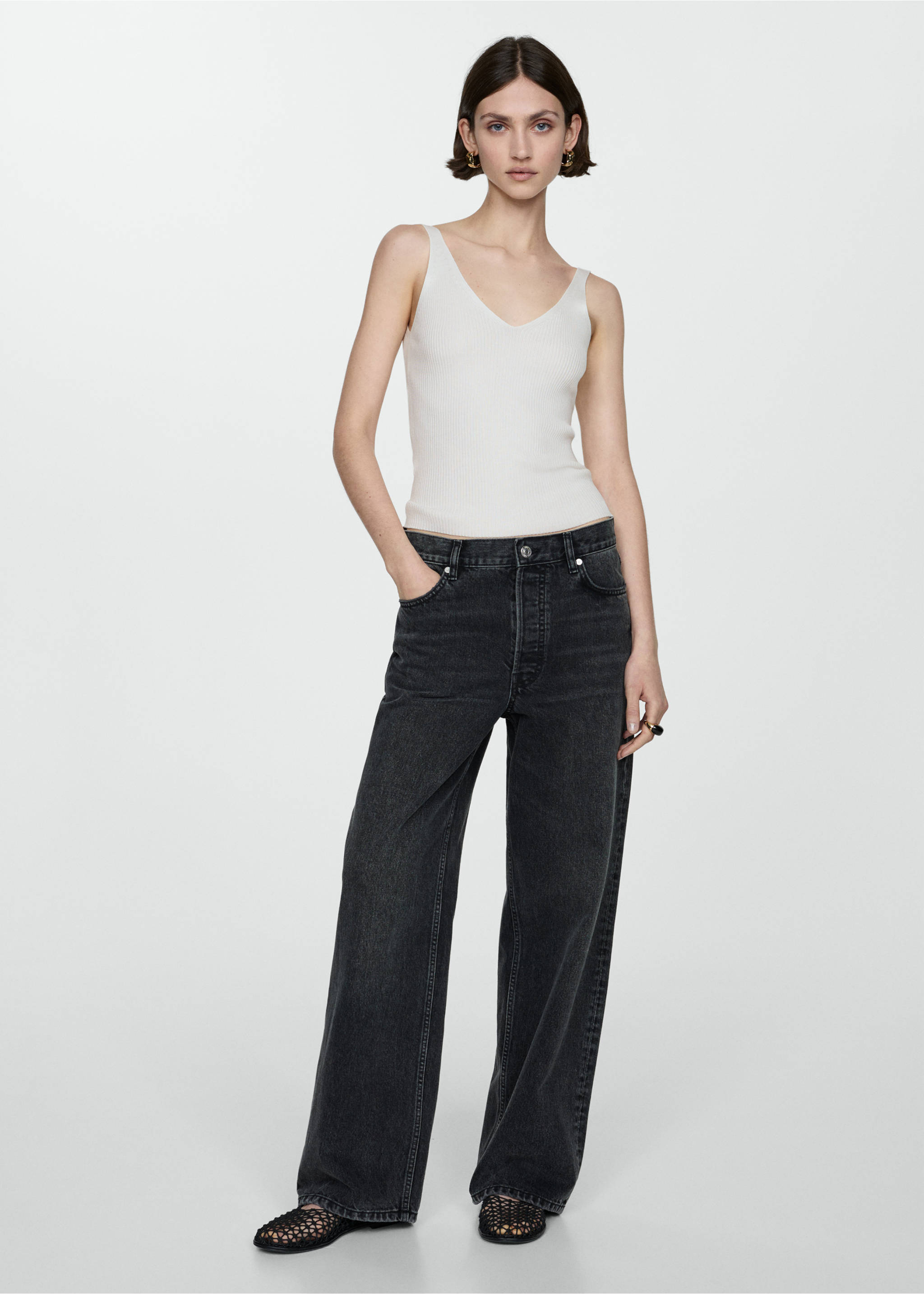 Top na ramiączkach z dzianiny - Plan ogólny, Kremowy / écru. Ref: 77060353-00.