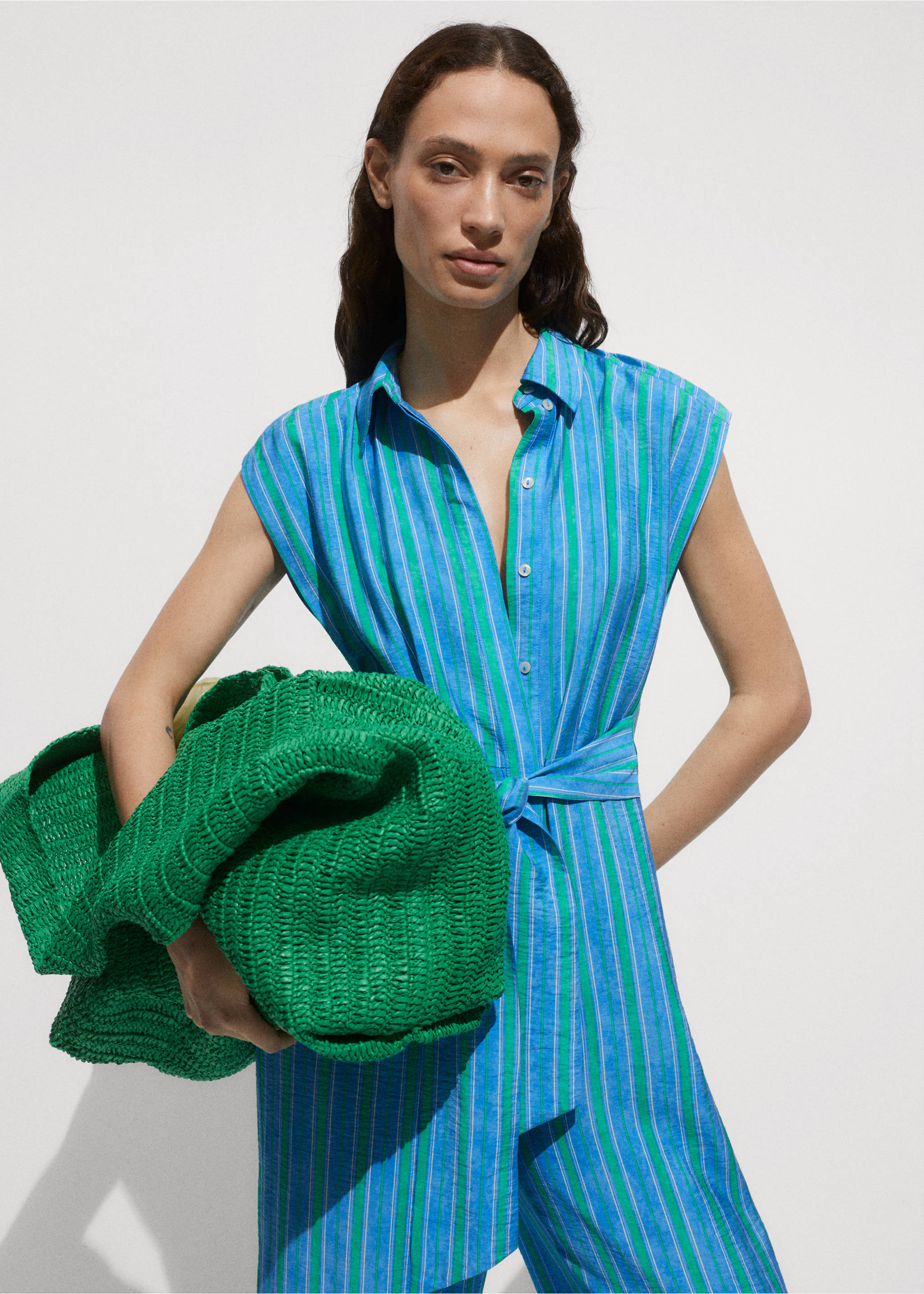 Shirt jumpsuit with bow - Medium plane, Blue. Ref: 77060354-00.