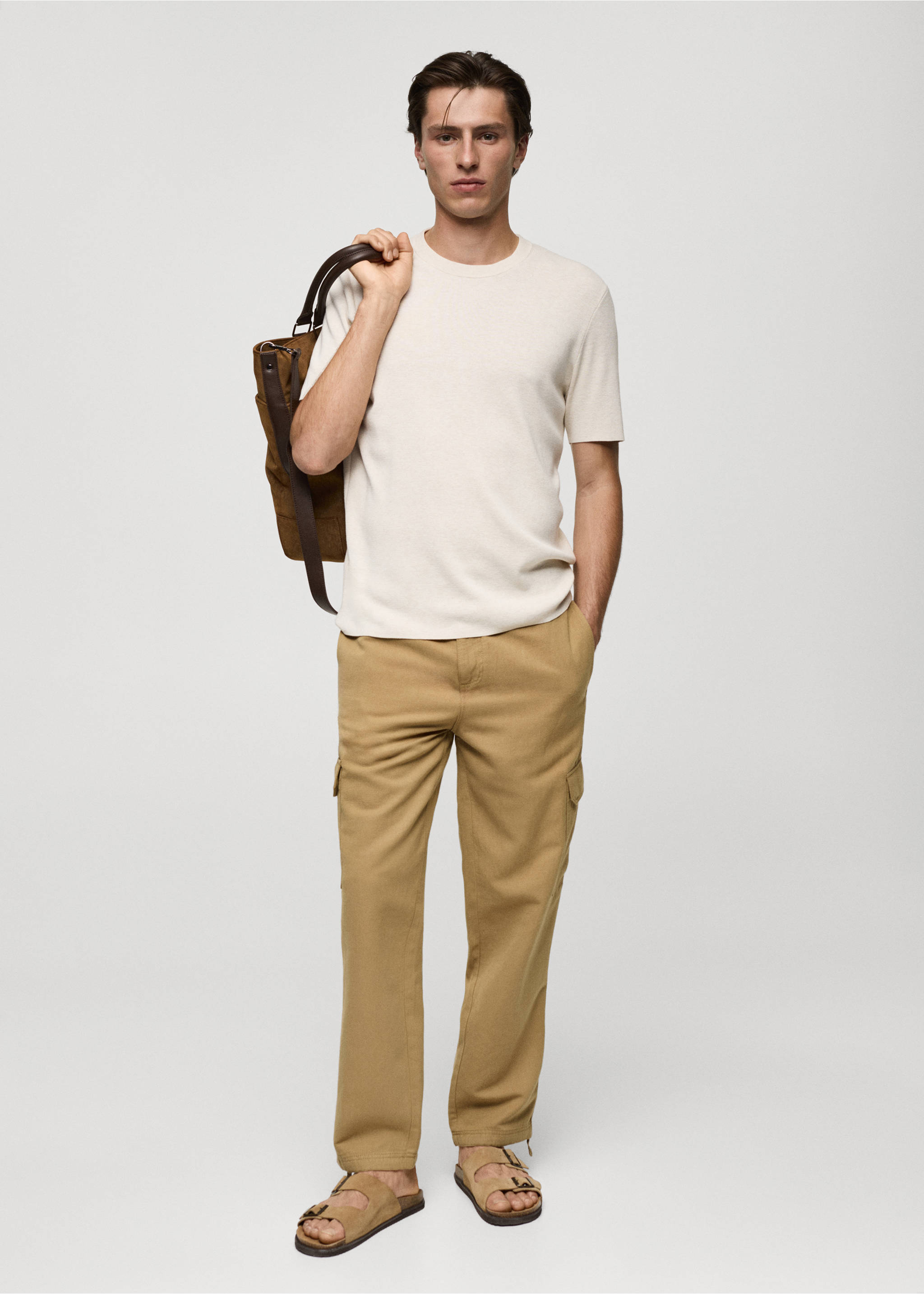 Pantalon coton lin cargo - Plan général, Marron moyen. Ref: 77060563-00.