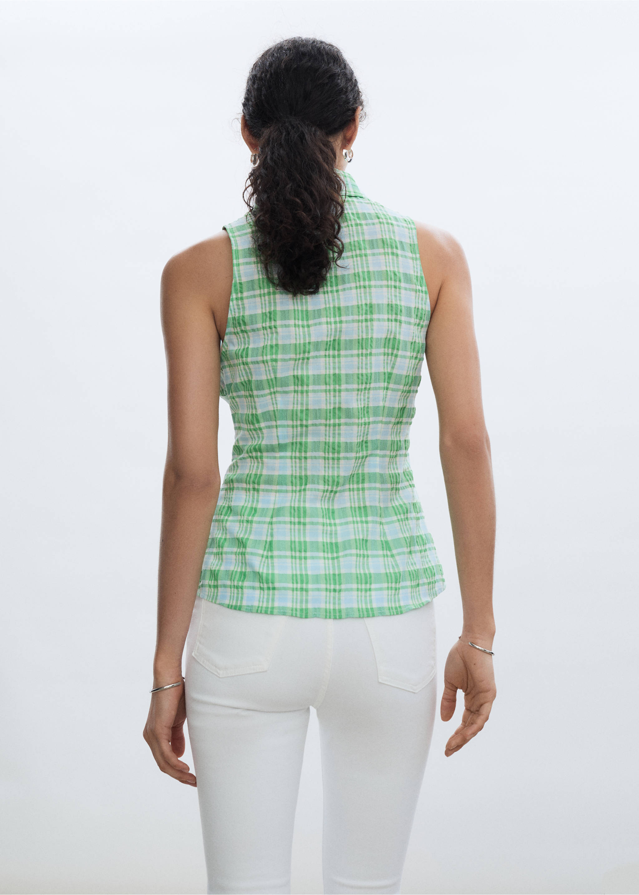 Check sleeveless shirt - Reverse of the article, Green. Ref: 77062916-00.
