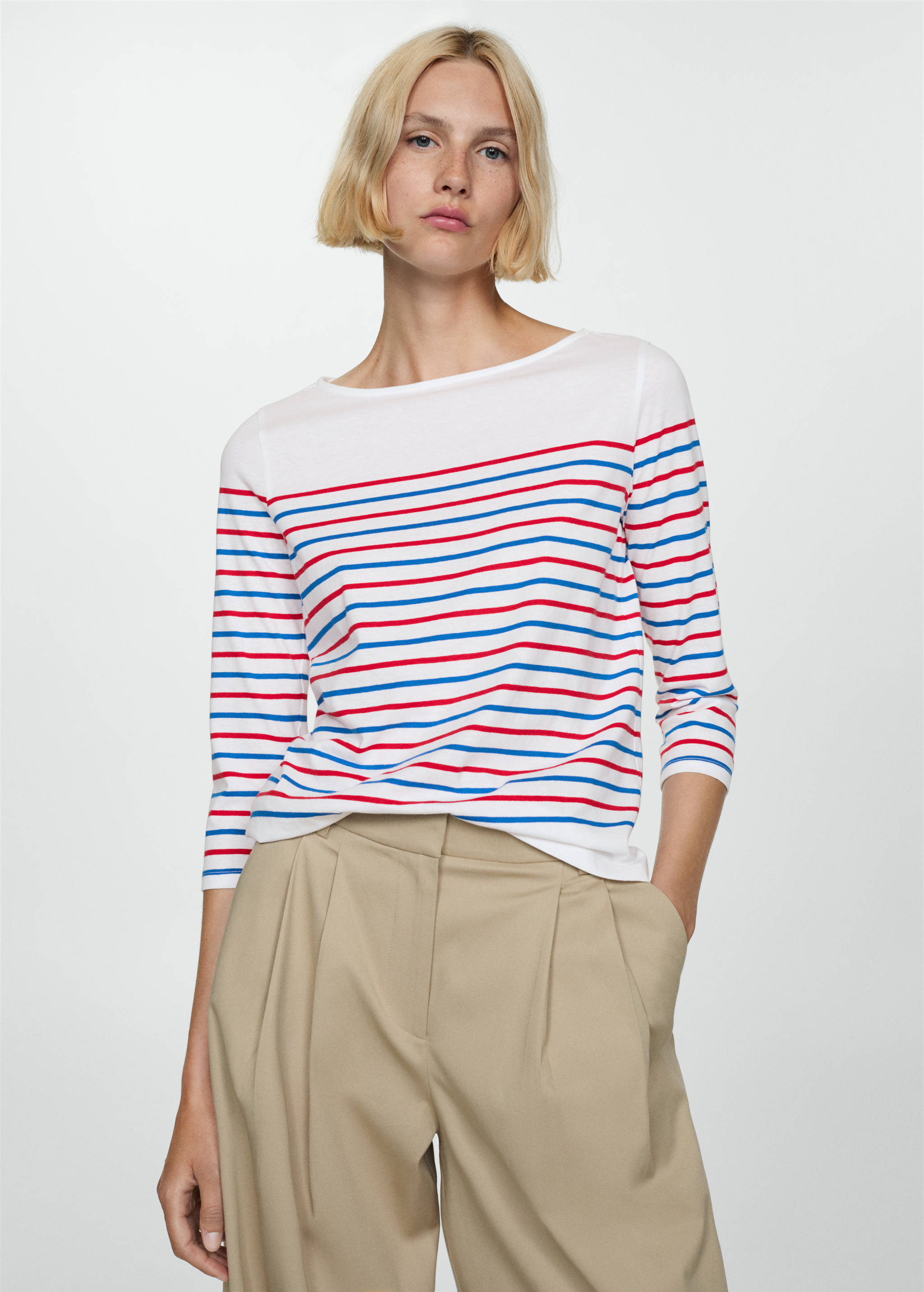Gestreiftes T-Shirt mit Bateau-Ausschnitt - Mittlere Ansicht