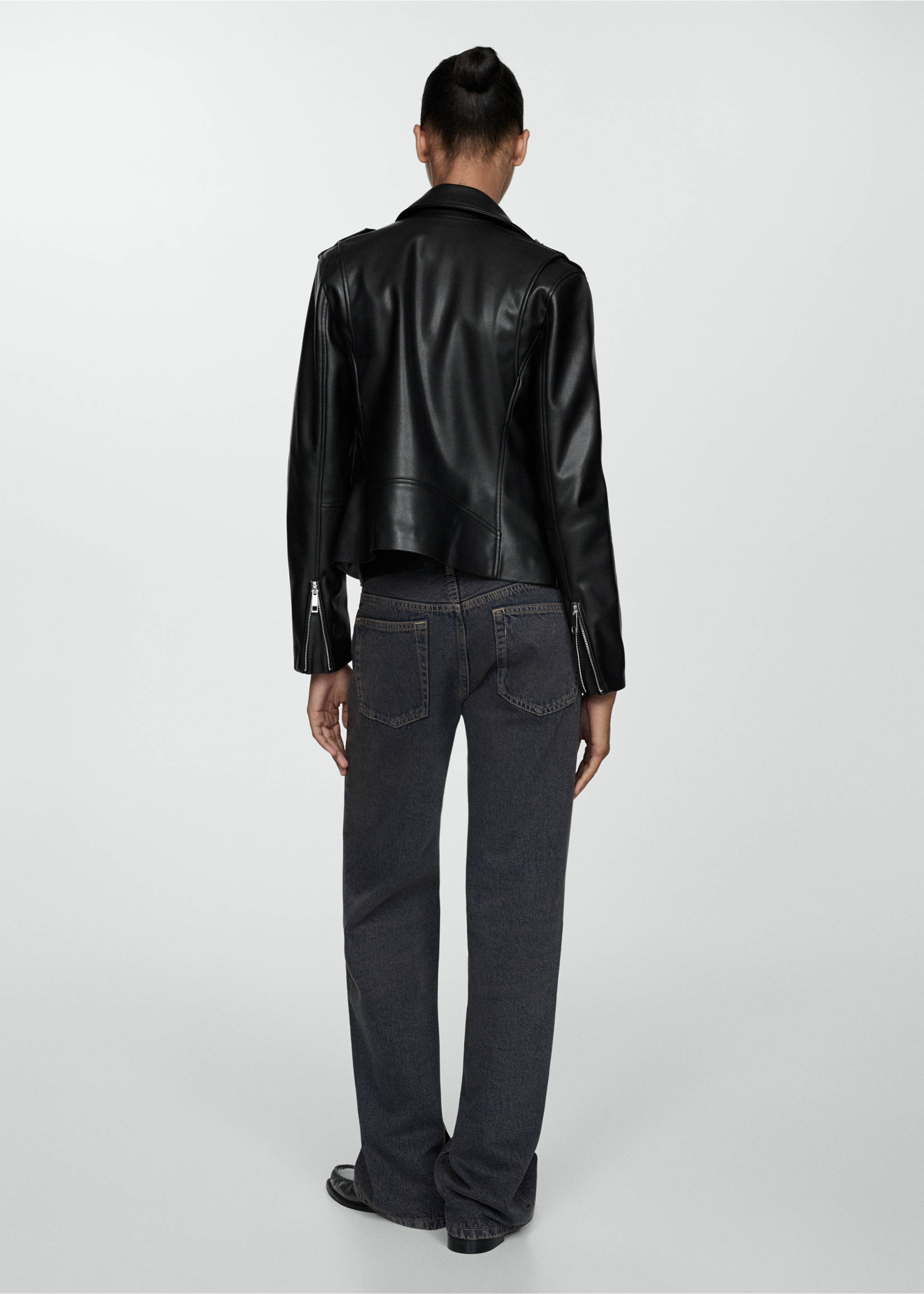 Kurtka biker ze sztucznej skóry - Tylna strona artykułu, Czarny. Ref: 77064057-00.