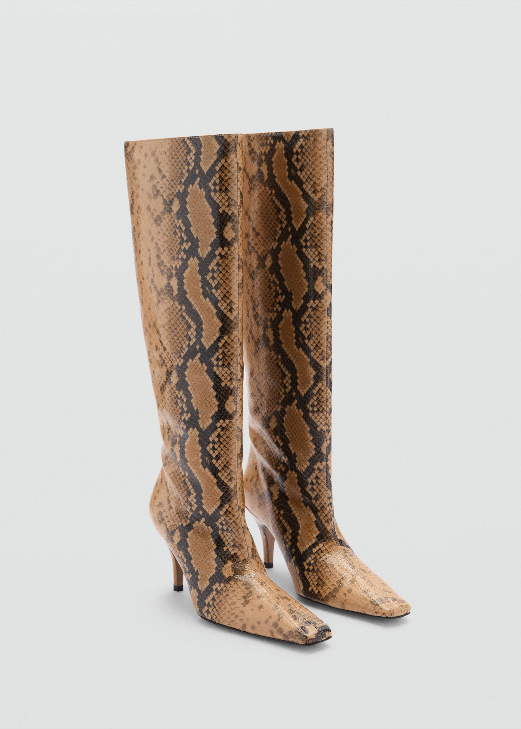 Knee-high leather boots with snake print - Medium plane, Beige. Ref: 77064067-00.
