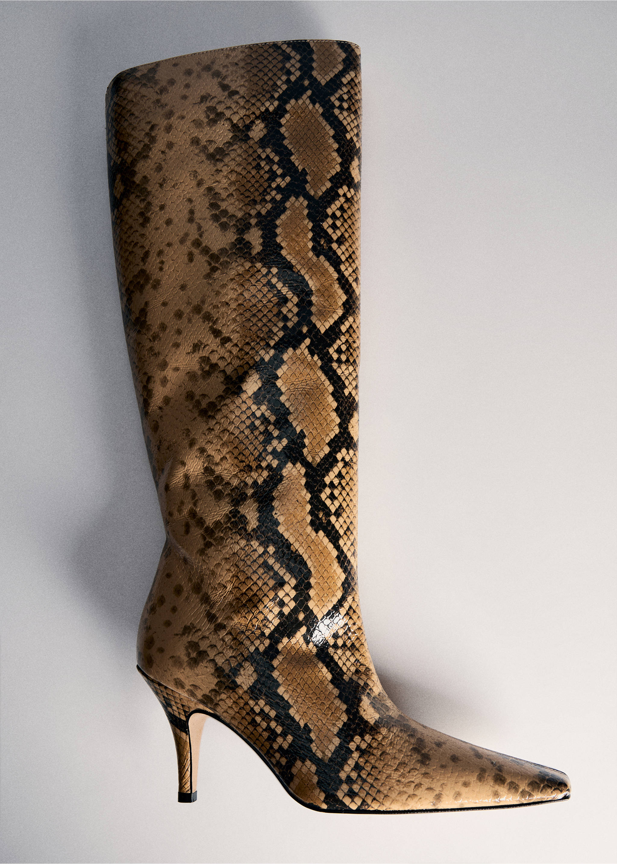 Knee-high leather boots with snake print - Details of the article 5, Beige. Ref: 77064067-00.