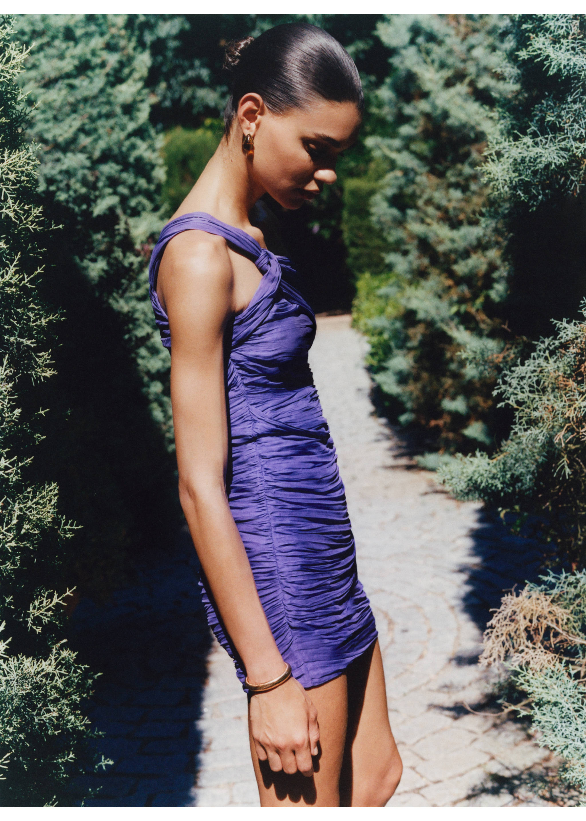 Asymmetrical draped short dress - Details of the article 7, Purple. Ref: 77064068-00.