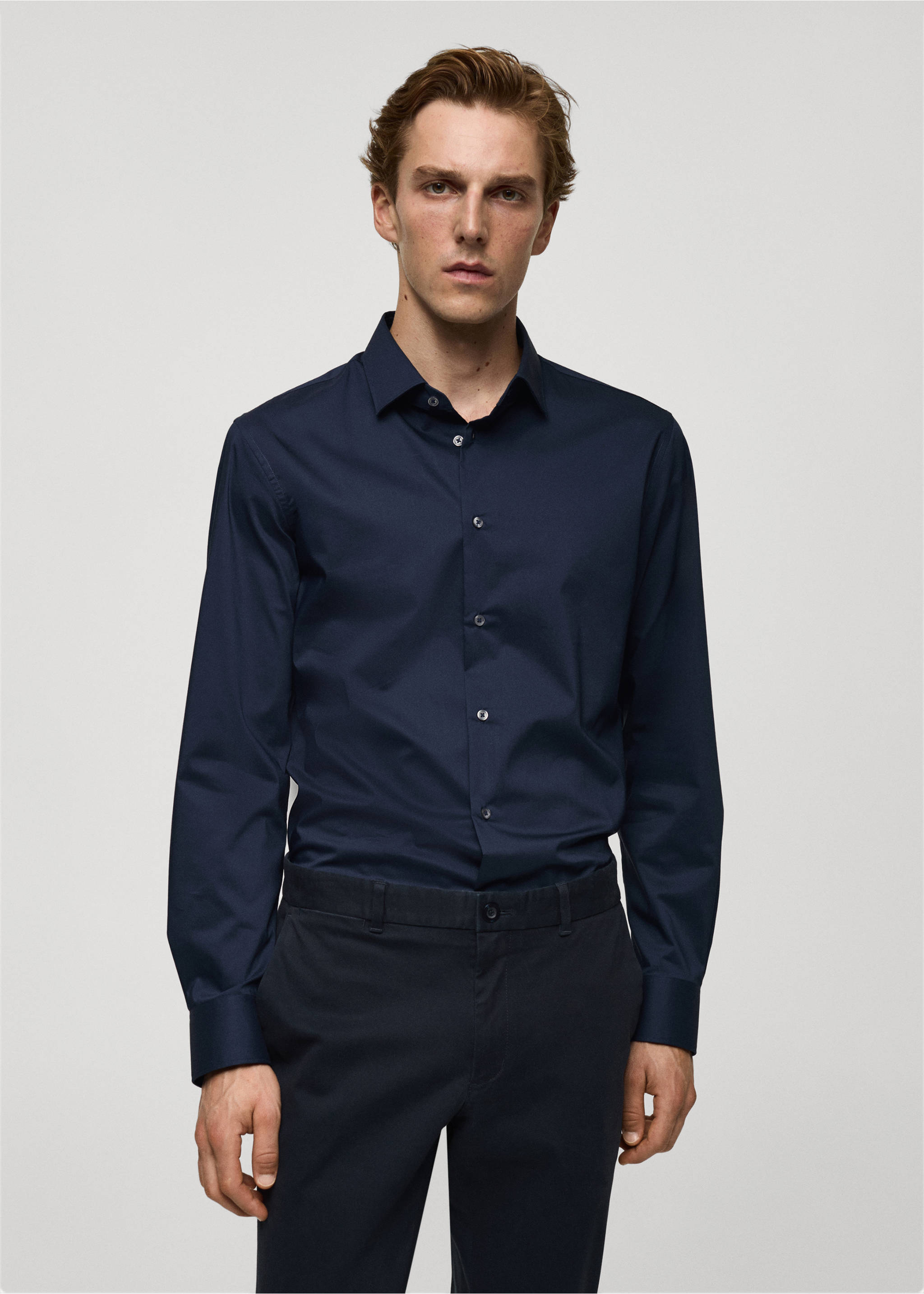 Regular-fit stretch cotton shirt - Medium plane, Dark Navy. Ref: 77064436-00.