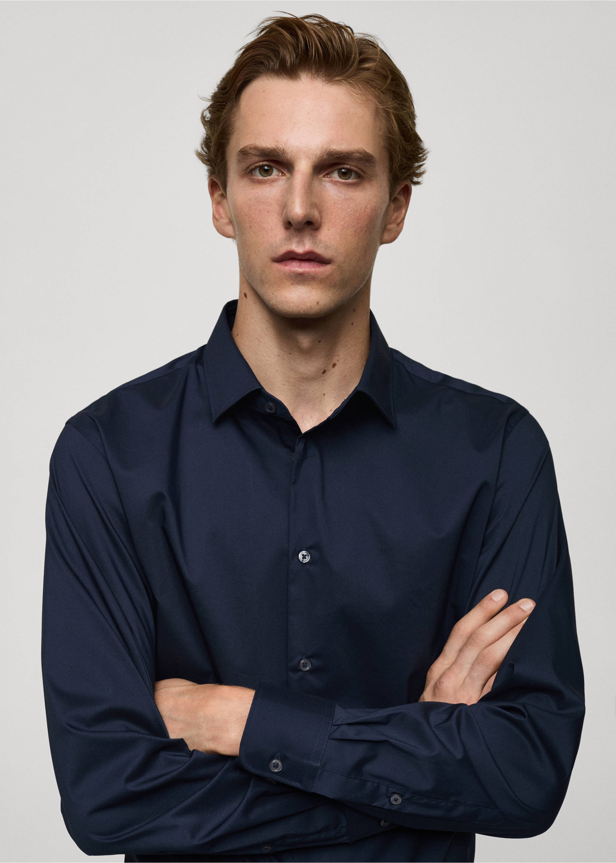 Regular-fit stretch cotton shirt - Details of the article 1, Dark Navy. Ref: 77064436-00.