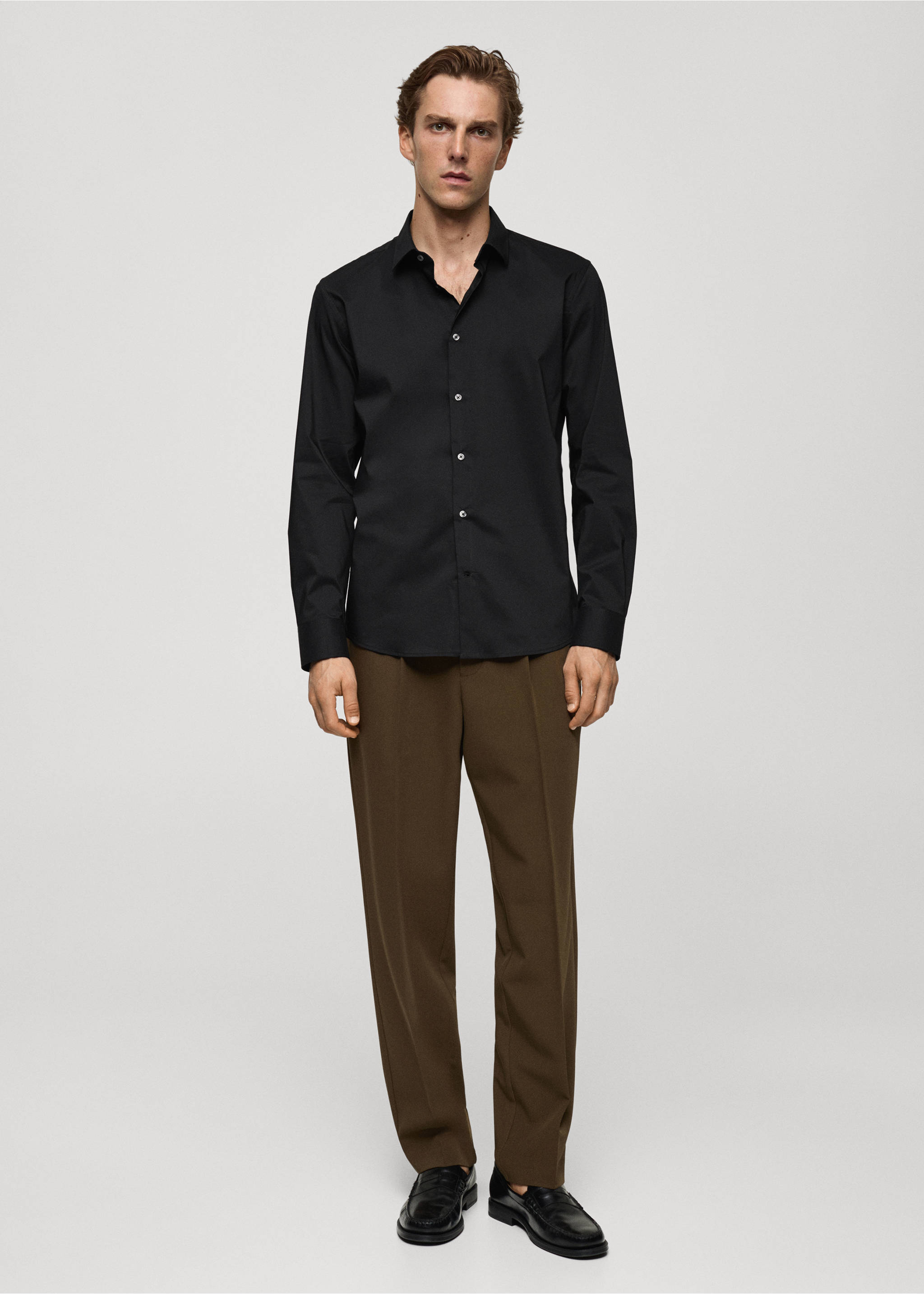 Regular-fit stretch cotton shirt - General plane, Black. Ref: 77064436-00.