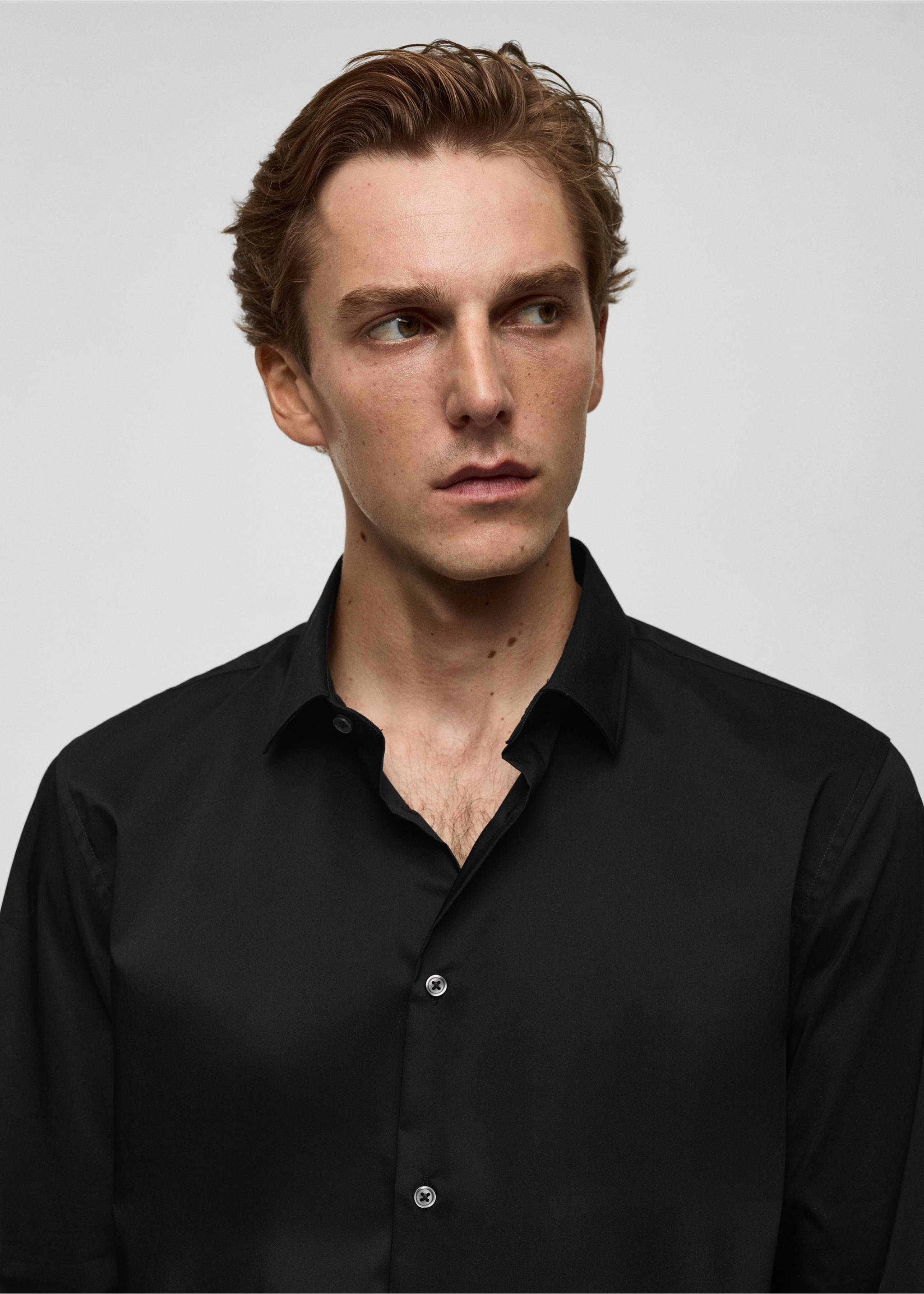 Regular-fit stretch cotton shirt - Details of the article 1, Black. Ref: 77064436-00.