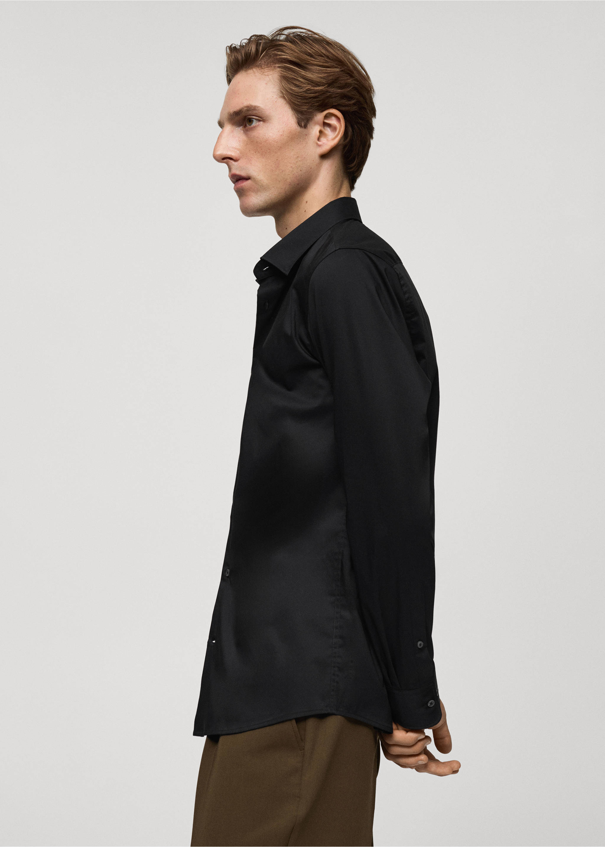 Regular-fit stretch cotton shirt - Details of the article 6, Black. Ref: 77064436-00.