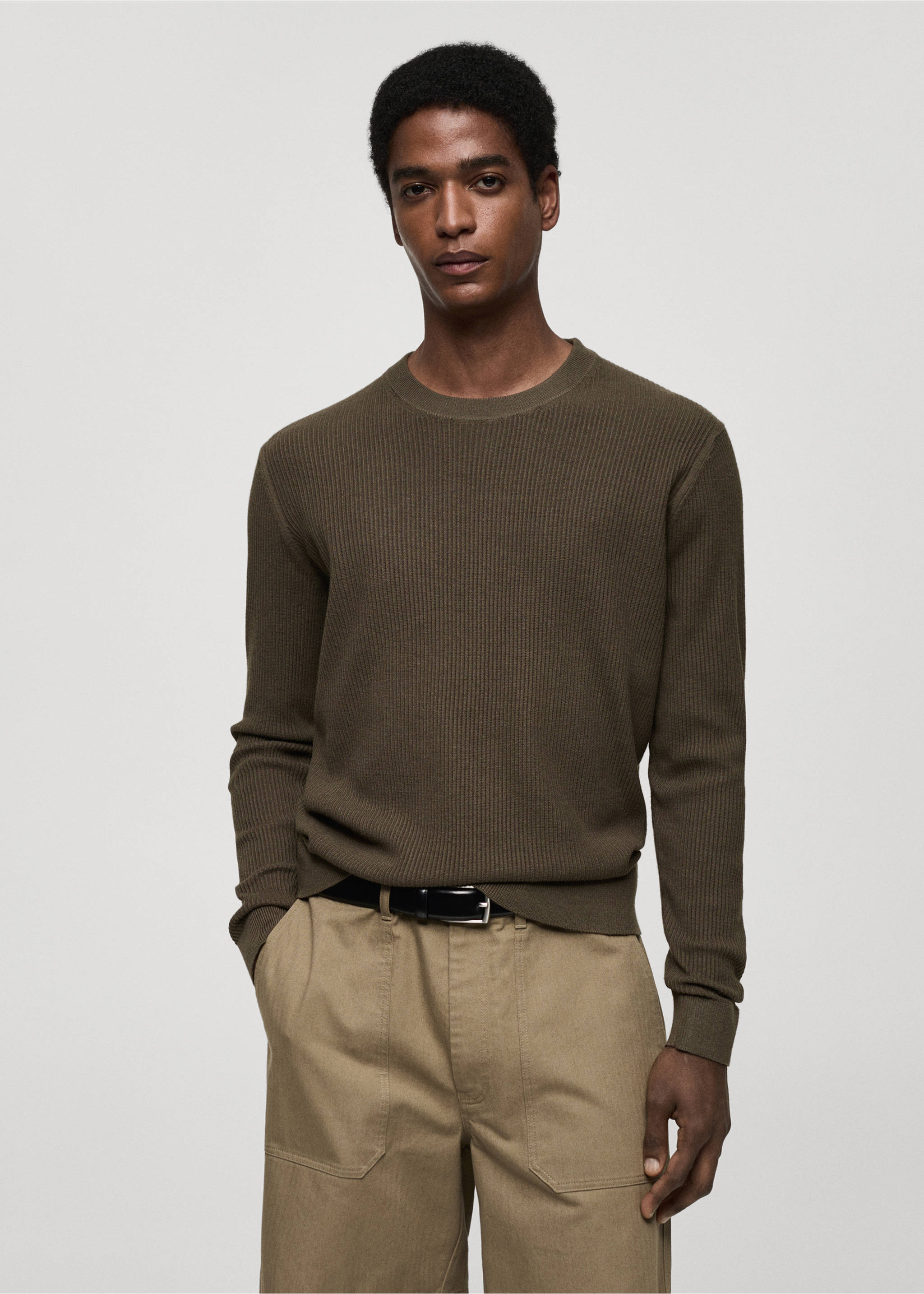 Ribbed cotton knitted sweater - Medium plane, Khaki. Ref: 77064443-00.