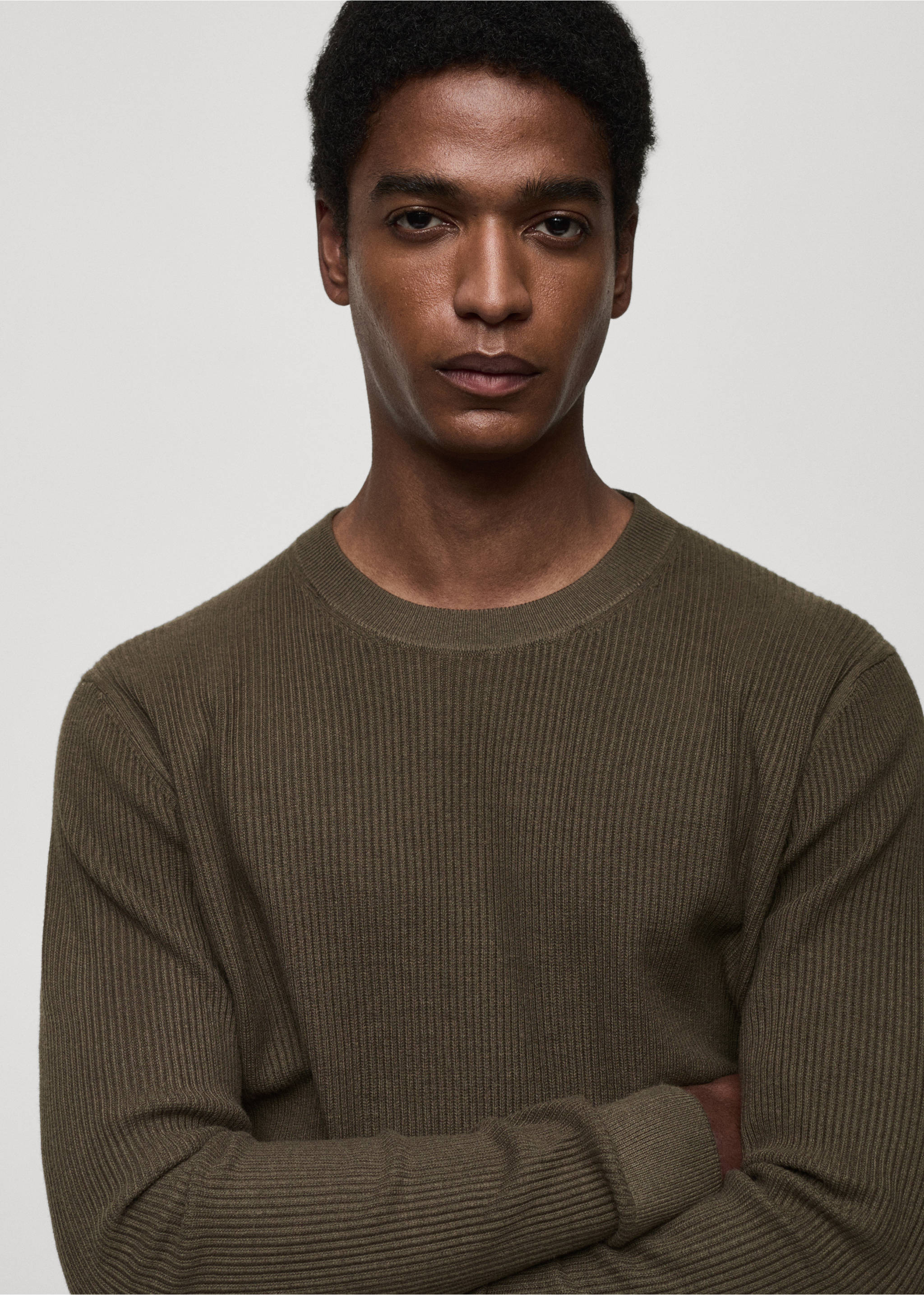 Ribbed cotton knitted sweater - Details of the article 1, Khaki. Ref: 77064443-00.