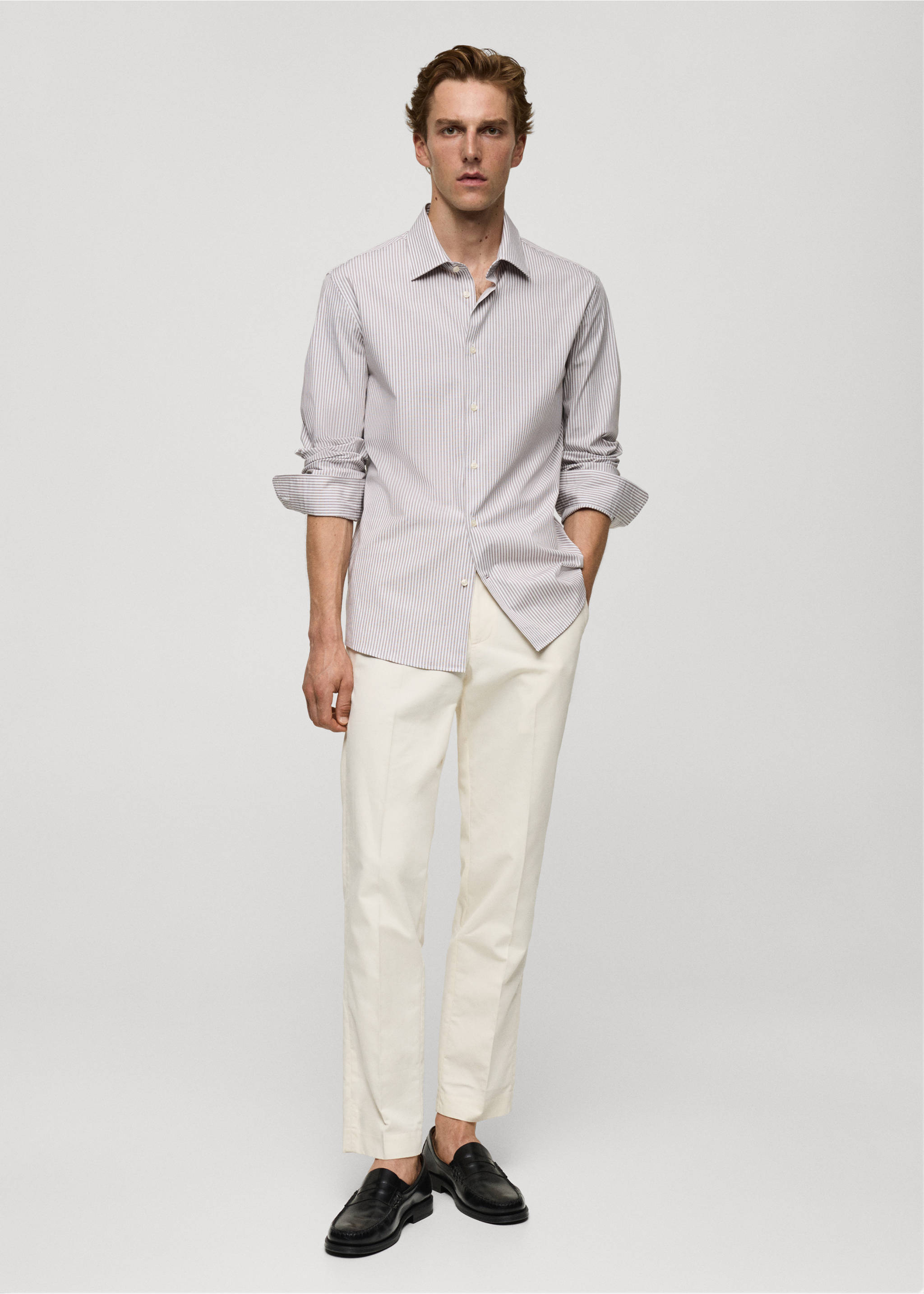 Slim fit fine-striped cotton shirt - General plane, Brown. Ref: 77064448-00.