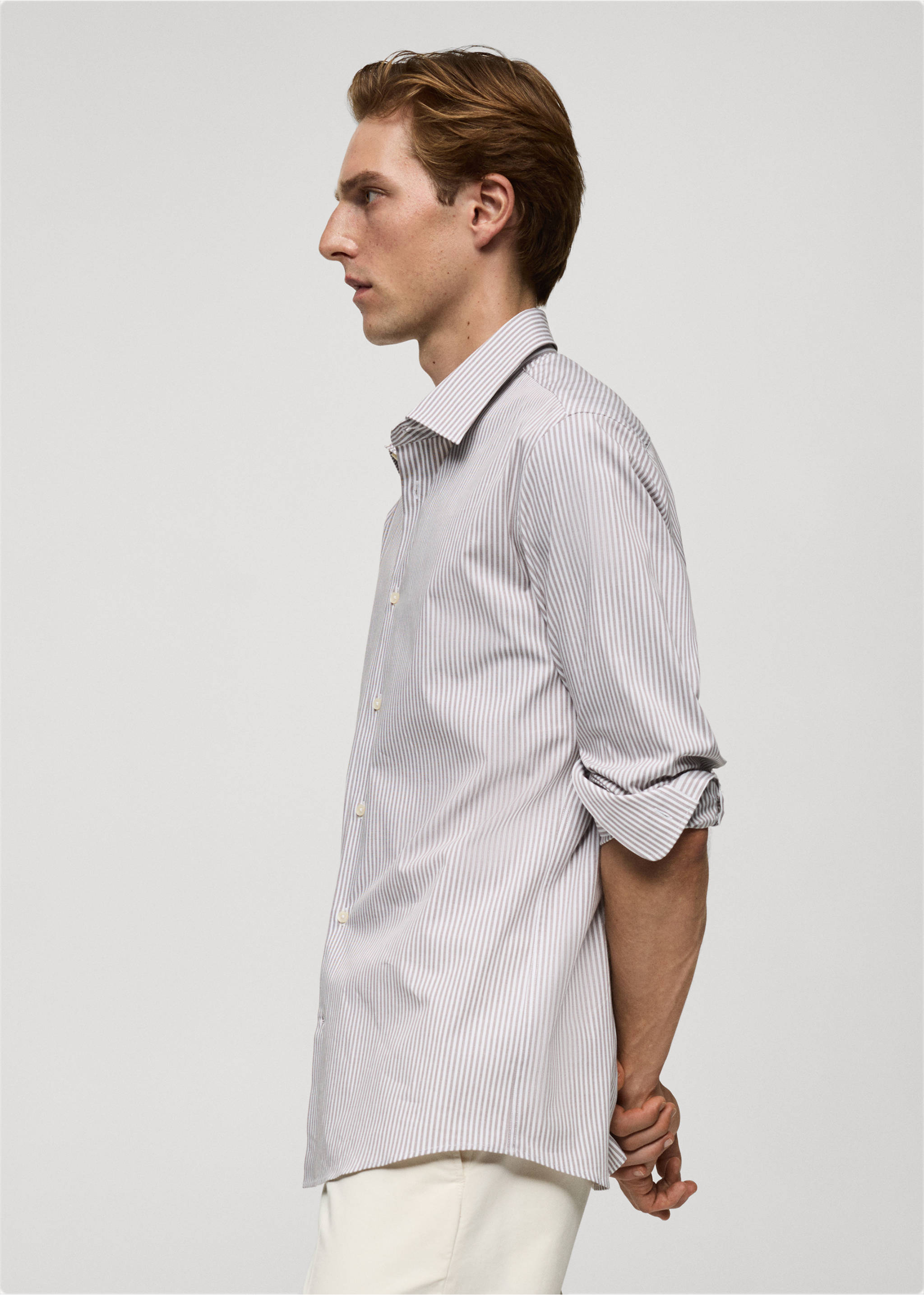 Slim fit fine-striped cotton shirt - Details of the article 2, Brown. Ref: 77064448-00.