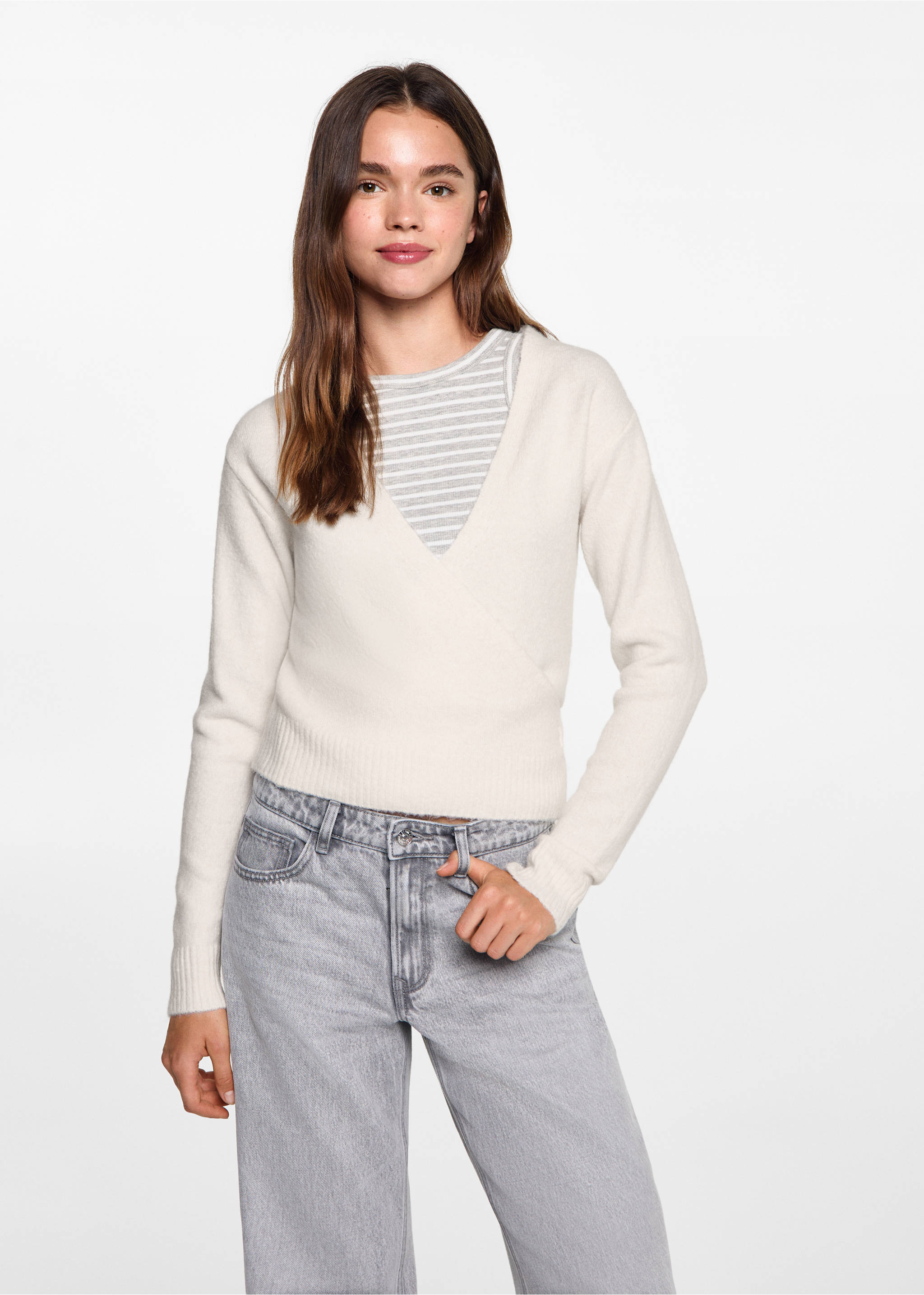 Cardigan in Wickel-Optik mit Schleife - Mittlere Ansicht, Ecru. Ref: 77064782-00.