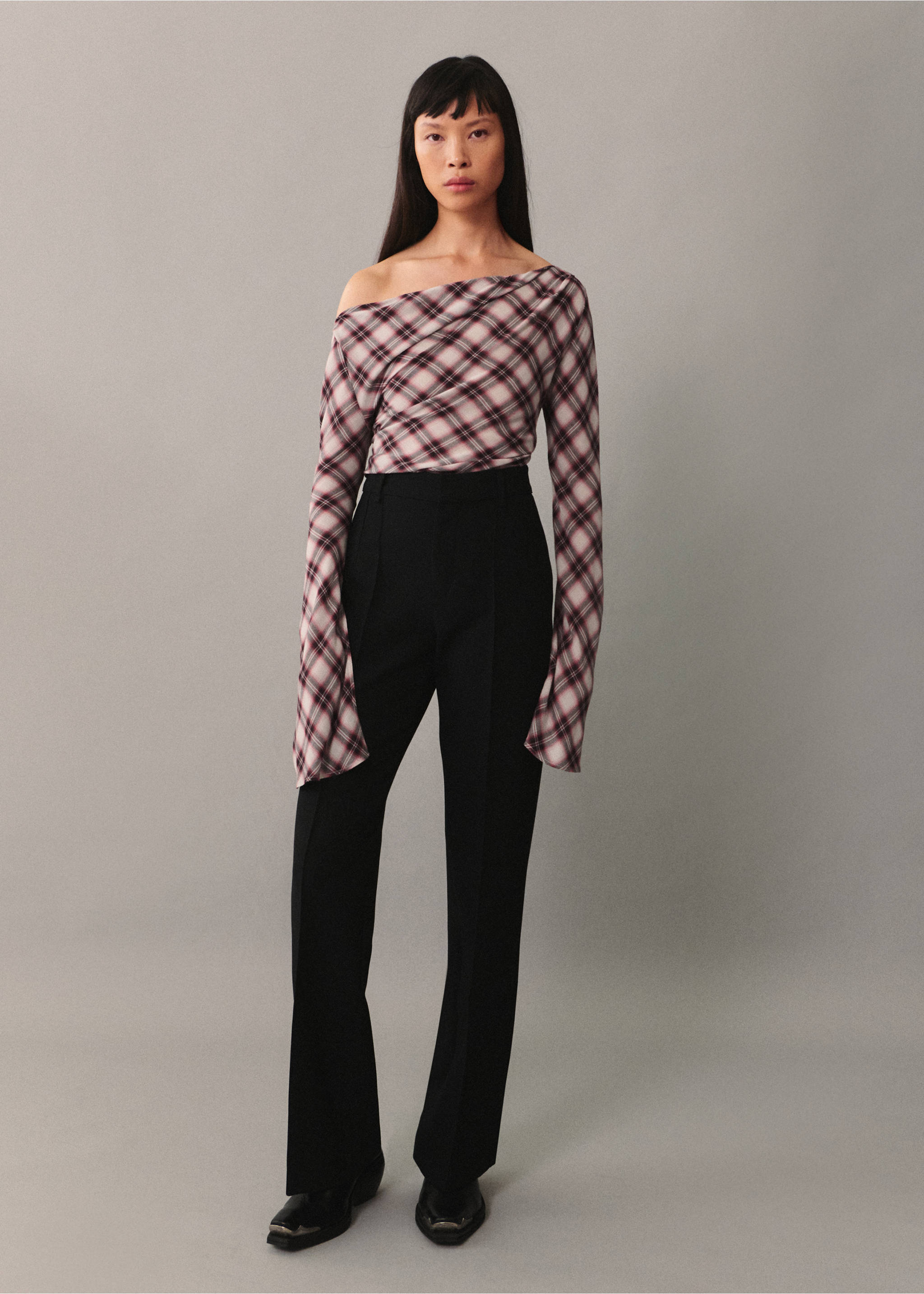 Asymmetric checked blouse - General plane, Maroon. Ref: 77065644-00.