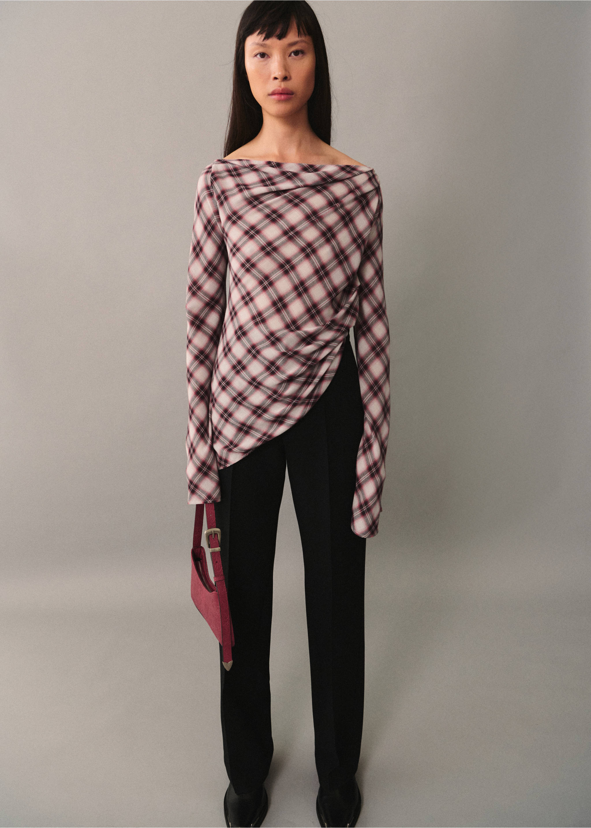 Asymmetric checked blouse - Medium plane, Maroon. Ref: 77065644-00.