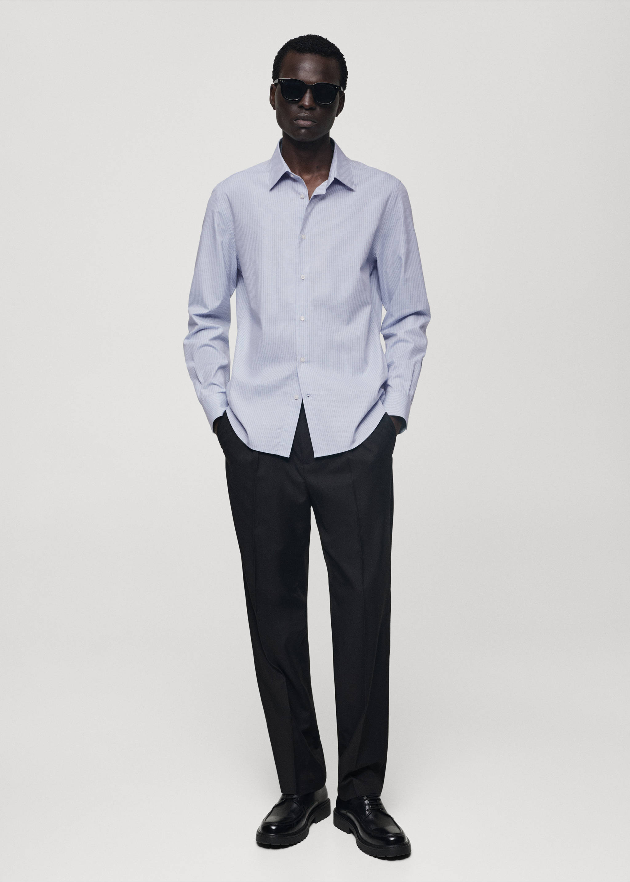 Slim-fit cotton pinstripe shirt - General plane, Sky Blue. Ref: 77065980-00.