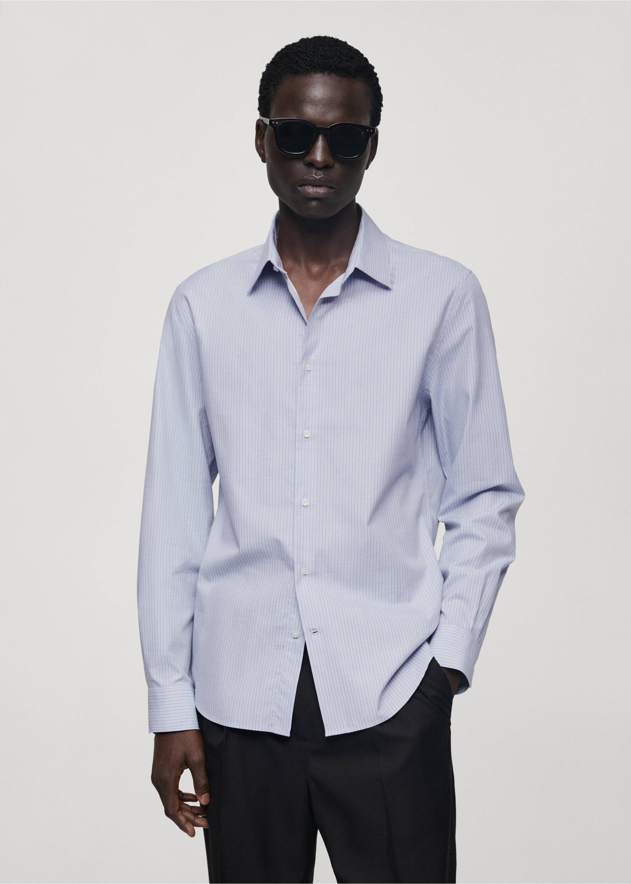 Slim-fit cotton pinstripe shirt - Medium plane, Sky Blue. Ref: 77065980-00.