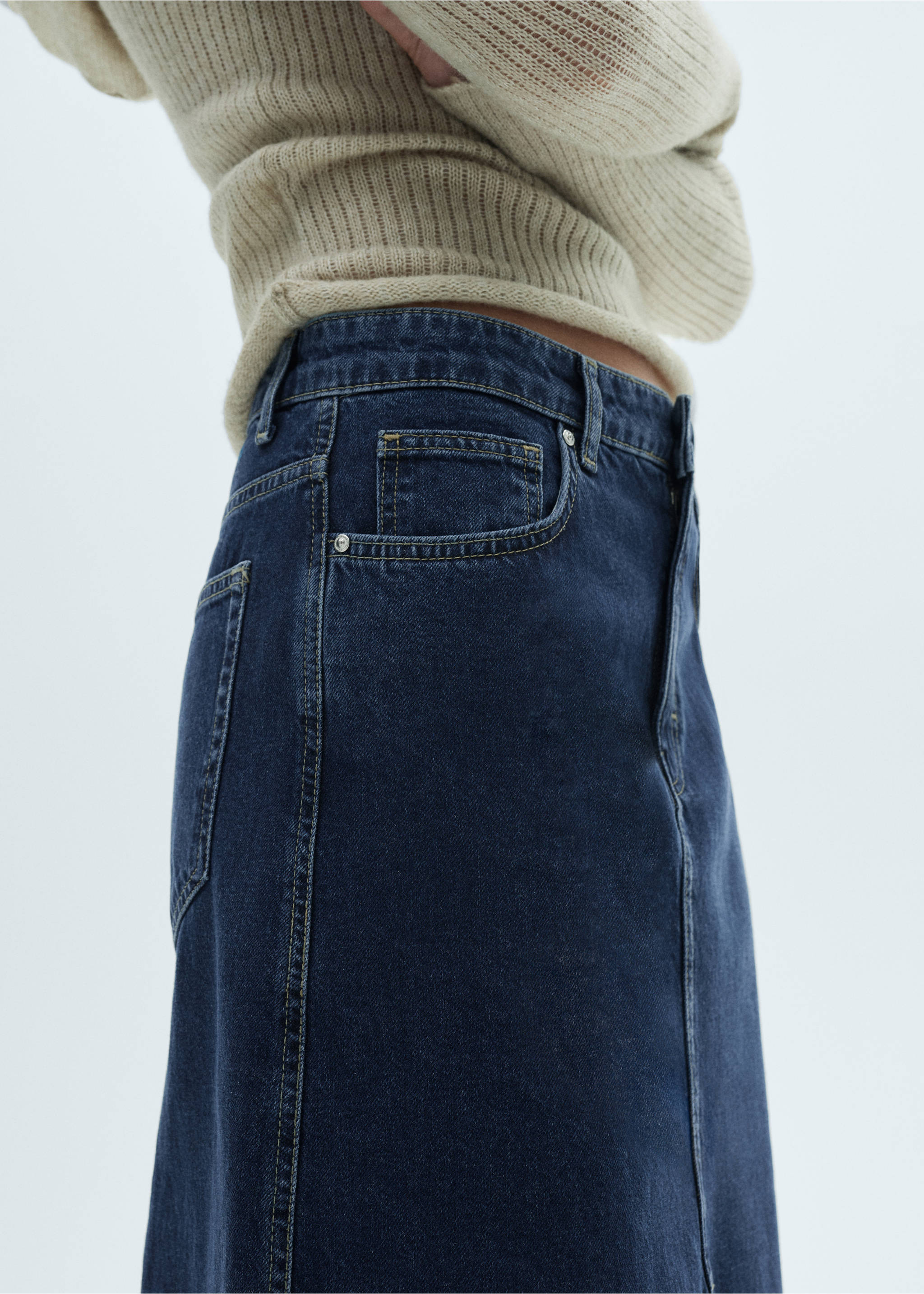 Denim midi-skirt - Details of the article 1, Dark Blue. Ref: 77066007-00.