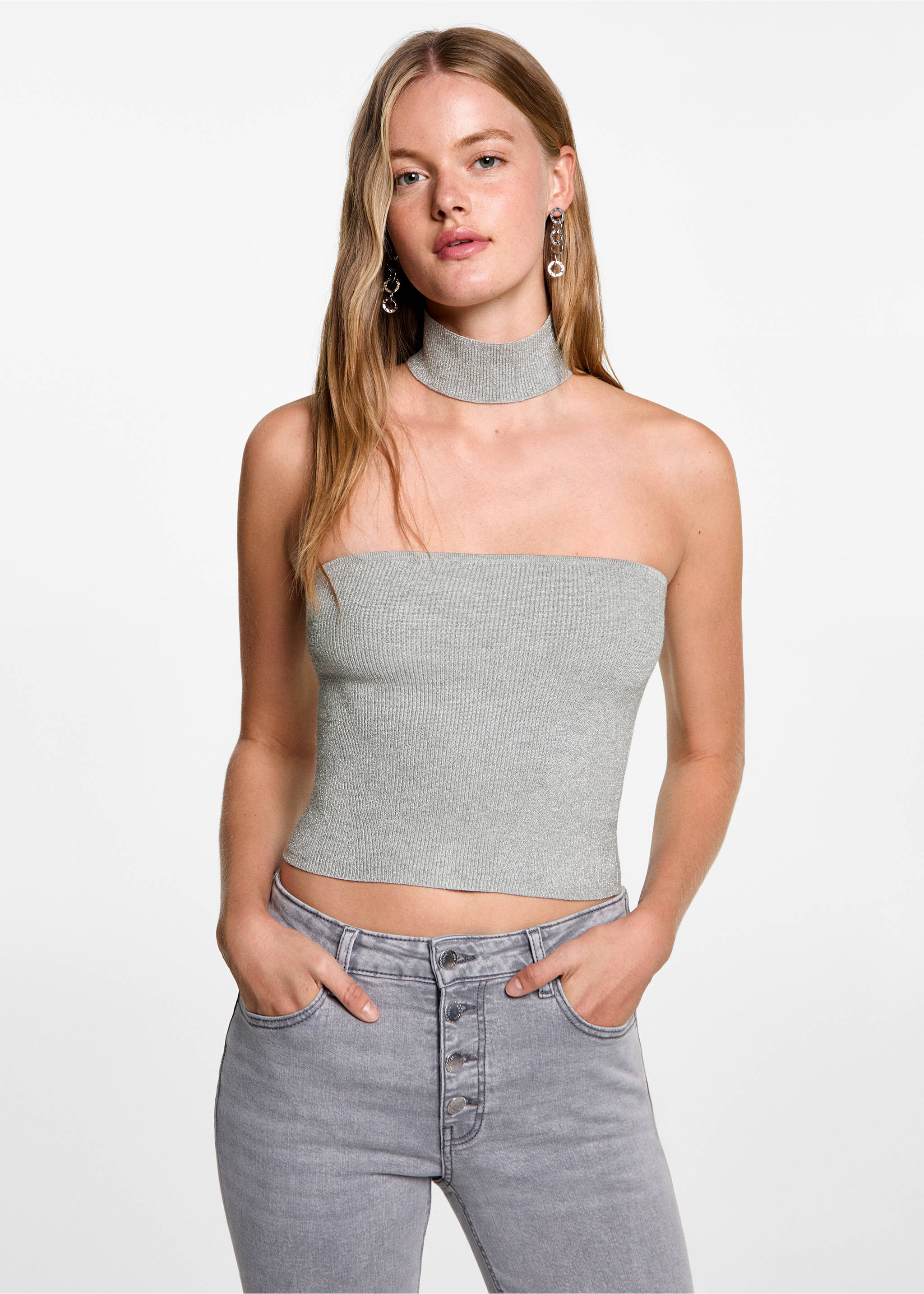 Top lurex choker - Plano medio, Plata. Ref: 77066737-00.