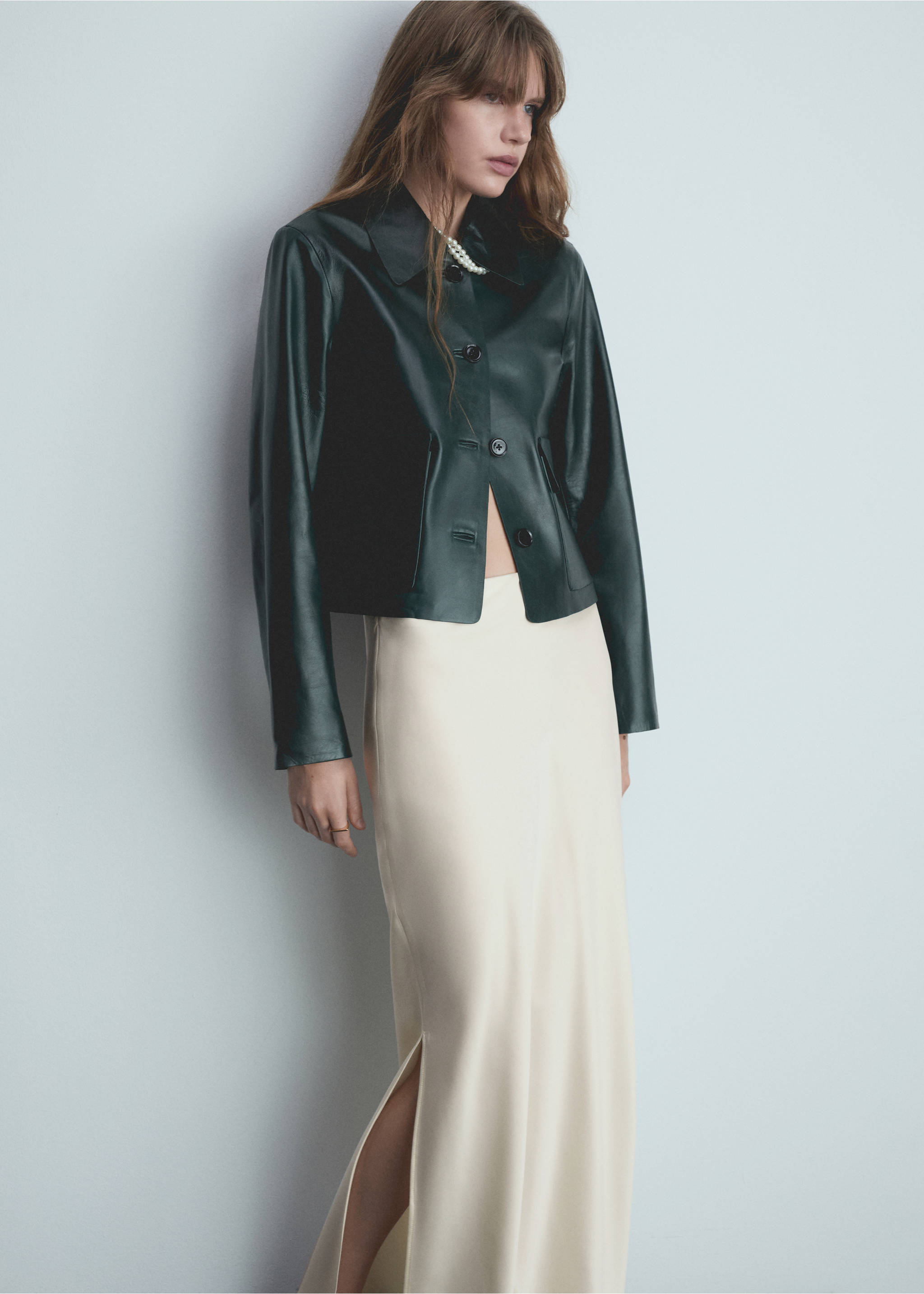Satin long skirt - Details of the article 1, Sand. Ref: 77066755-00.
