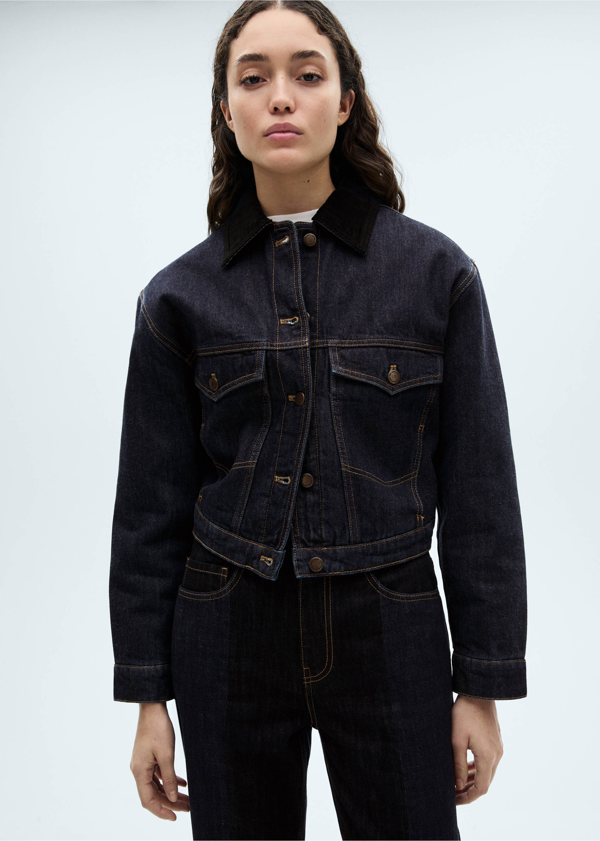 Denim jacket with contrast collar - Medium plane, Dark Blue. Ref: 77067114-00.