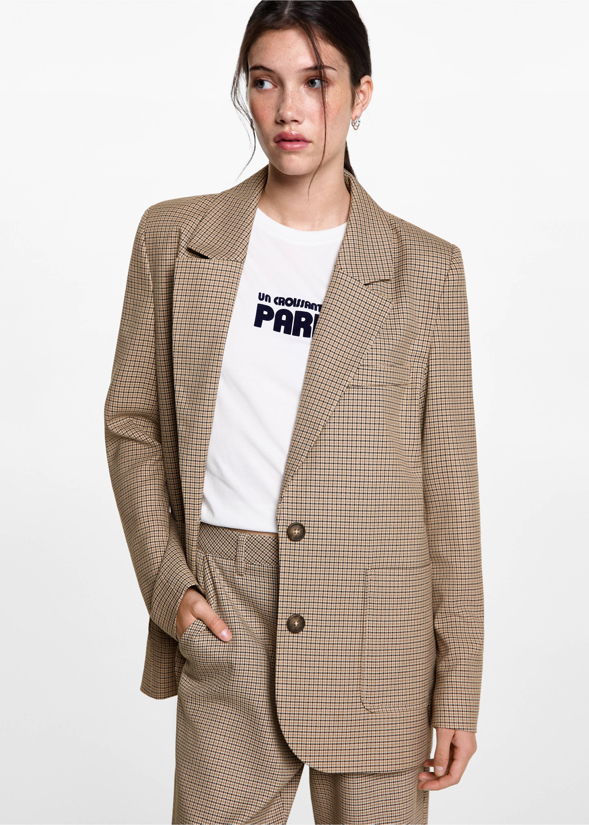 Hahnentritt-Blazer aus Woll-Mix - Mittlere Ansicht, Beige. Ref: 77067669-00.