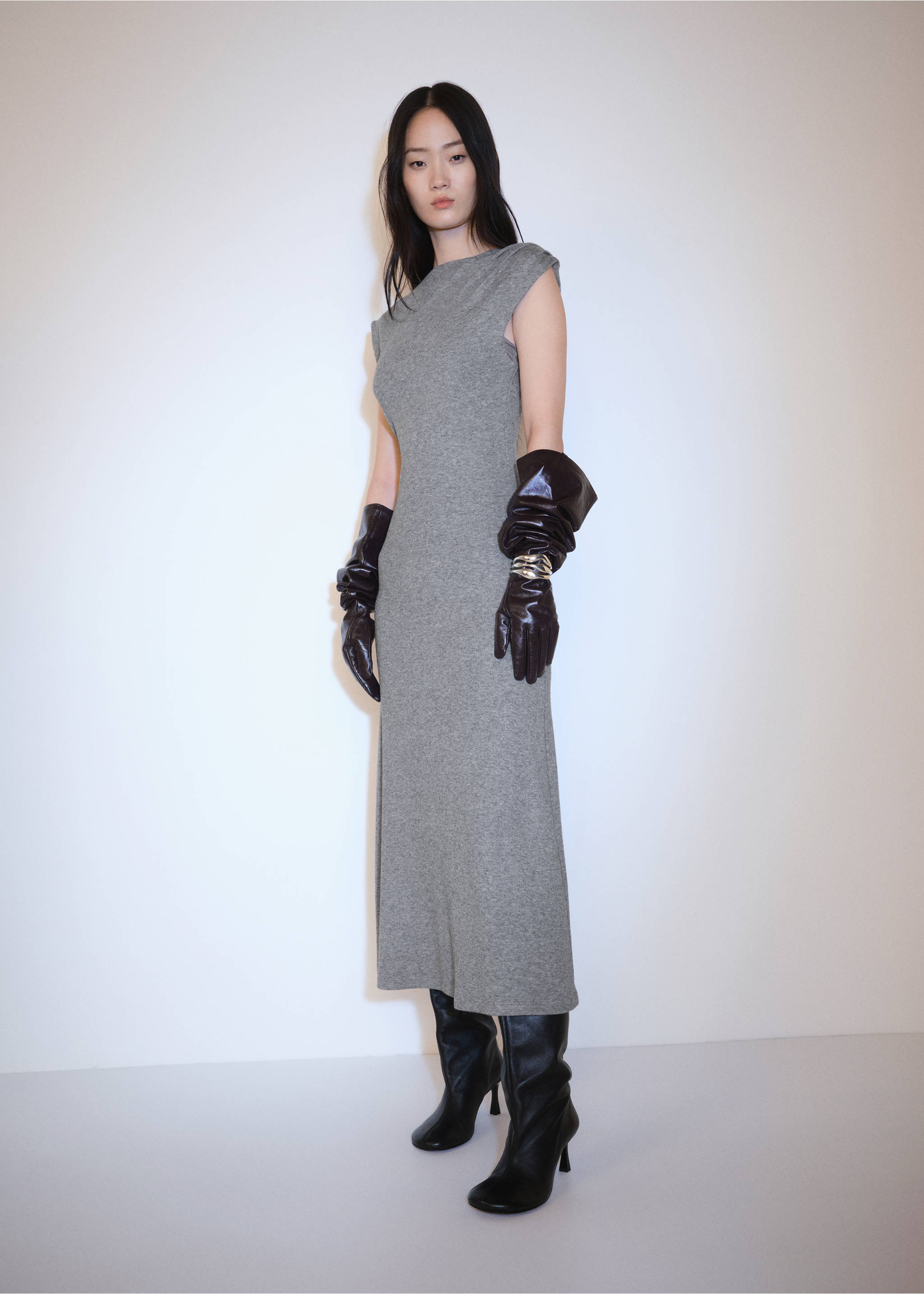 Midi-dress with structured shoulders - General plane, Grey. Ref: 77067693-00.