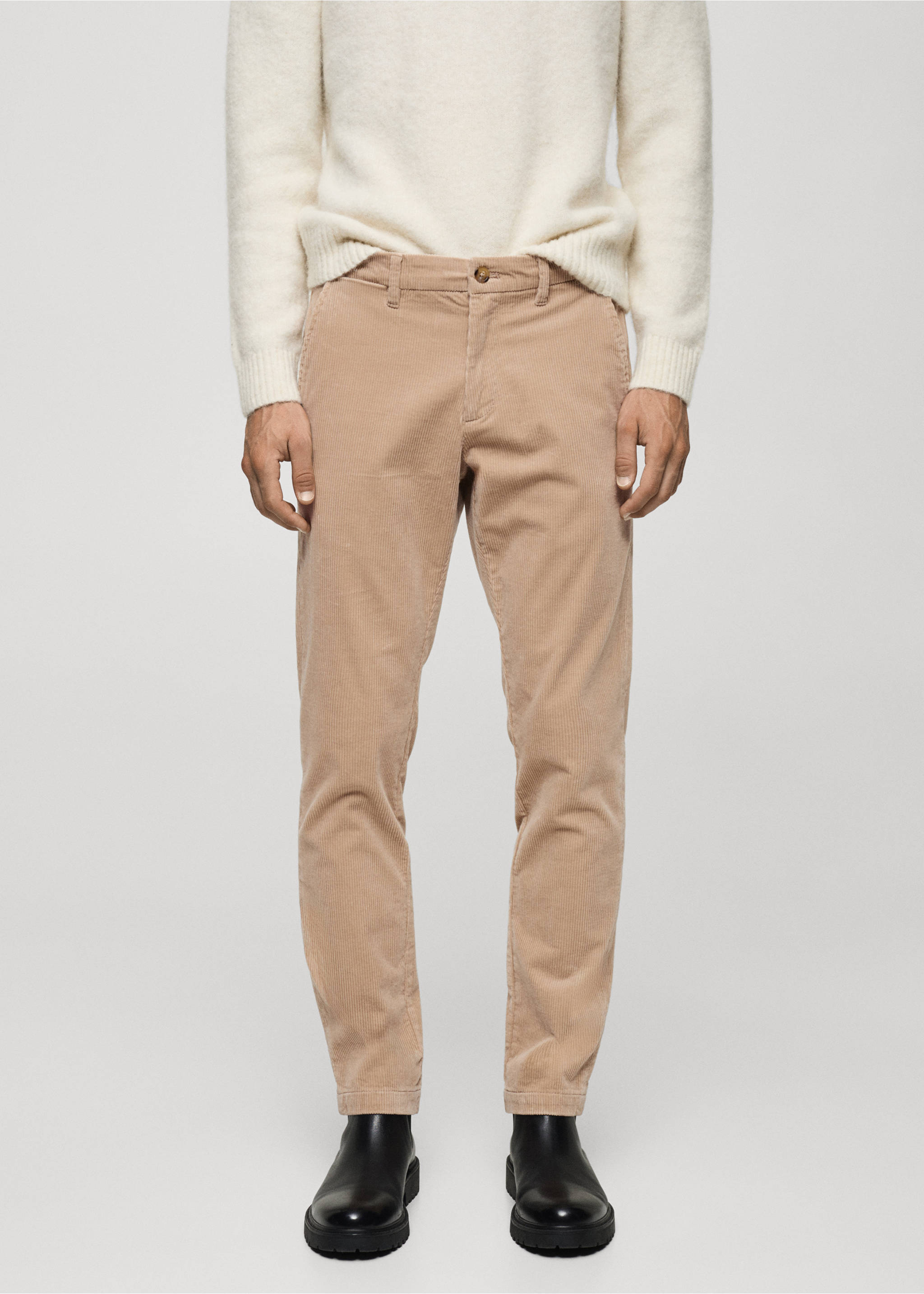 Pantalon velours côtelé slim-fit - Plan moyen, Beige. Ref: 77067913-00.