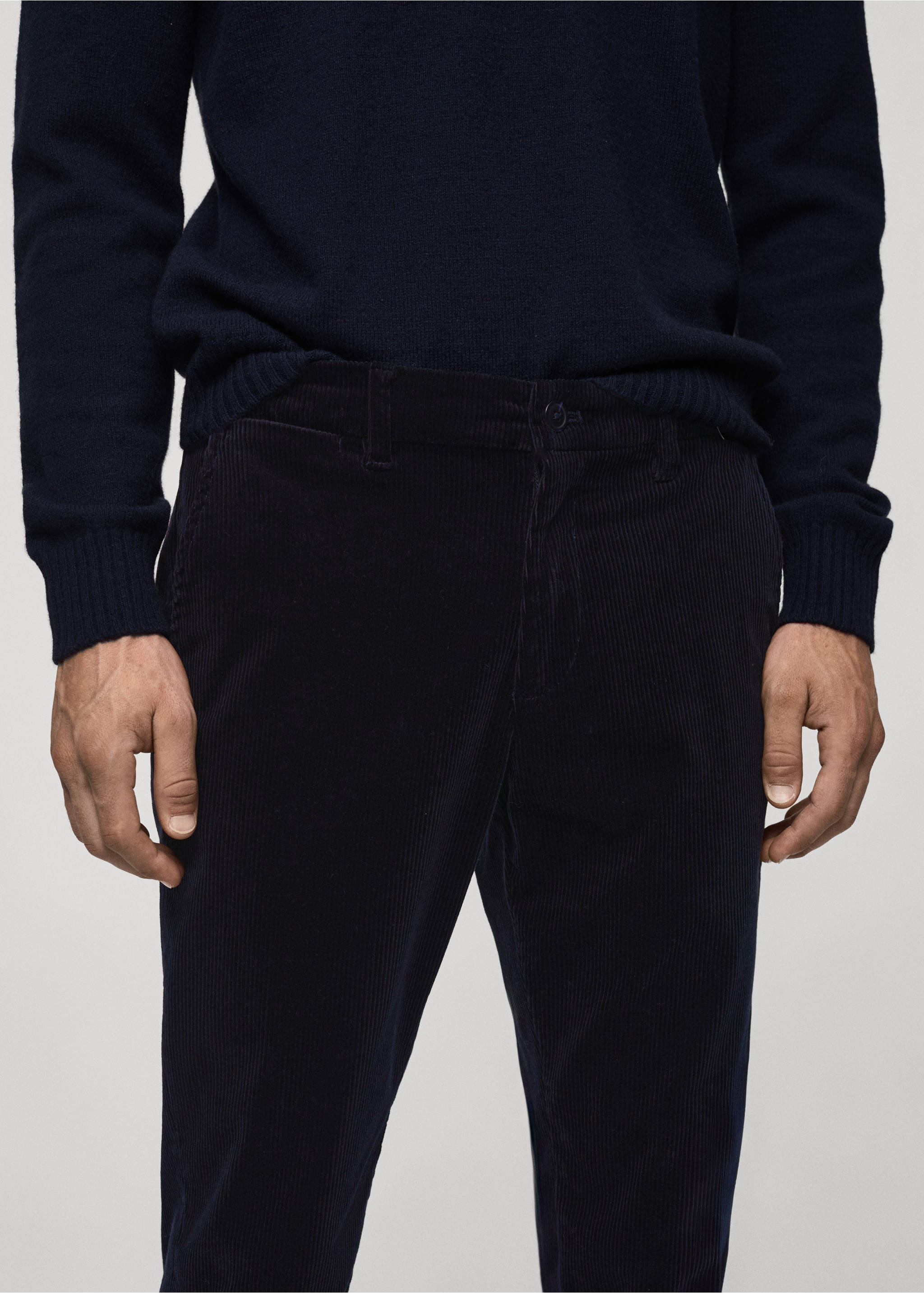 Corduroy slim-fit trousers - Details of the article 1, Dark Navy. Ref: 77067913-00.