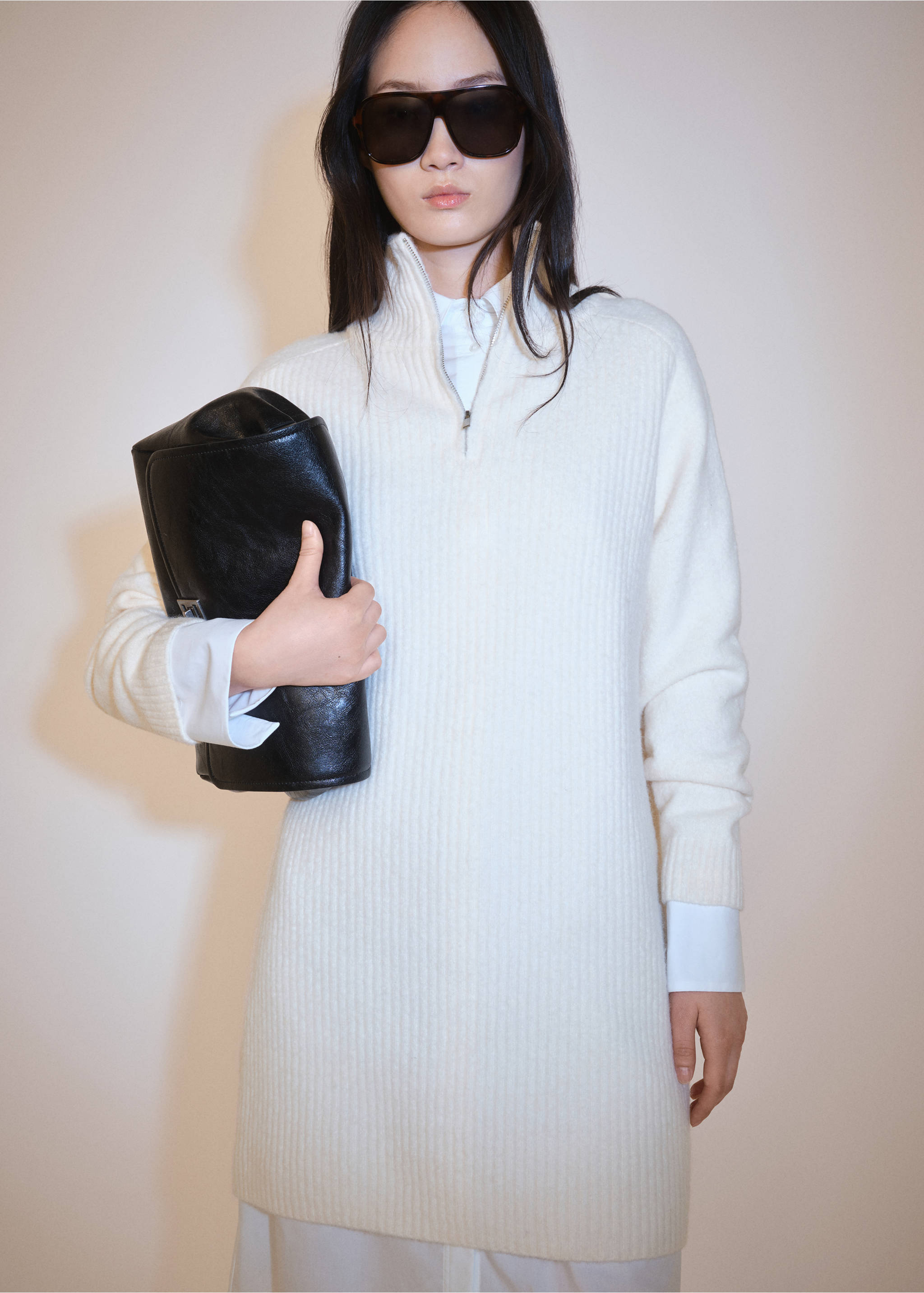 Vestido punto canalé cremallera - Plano medio, Crudo. Ref: 77068273-00.