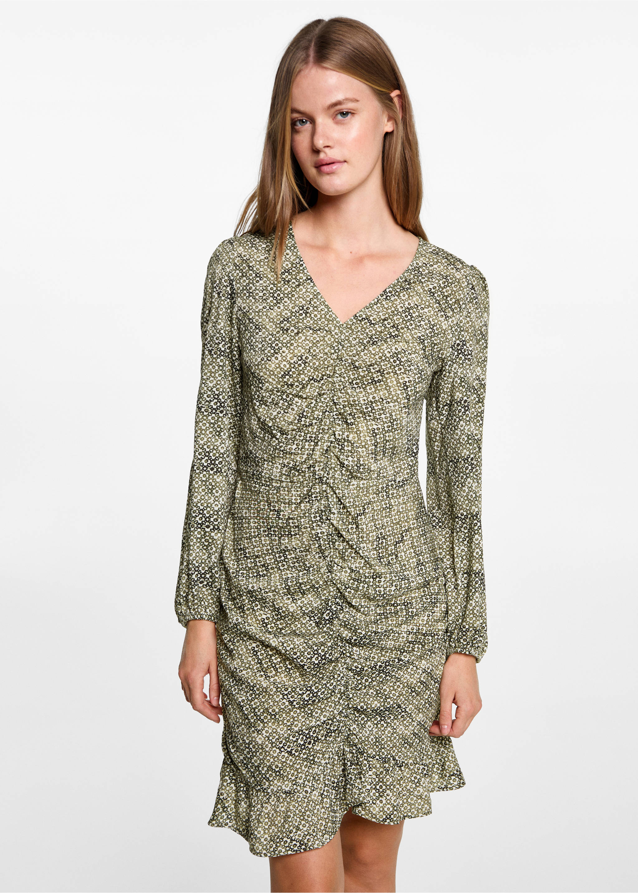 Geblümtes Kleid mit gerafftem Detail - Mittlere Ansicht, Khaki. Ref: 77068281-00.