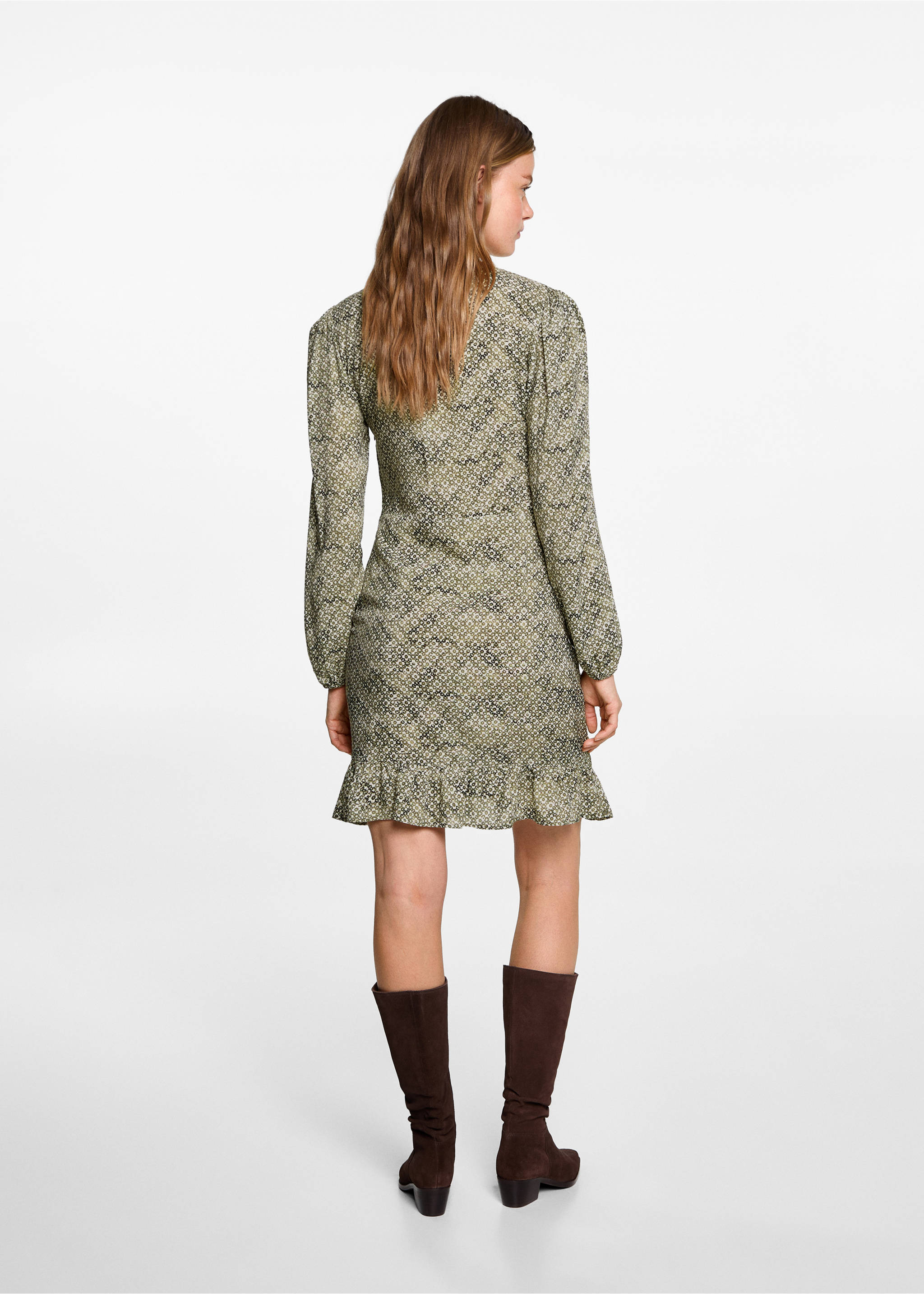 Geblümtes Kleid mit gerafftem Detail - Rückseite des Artikels, Khaki. Ref: 77068281-00.